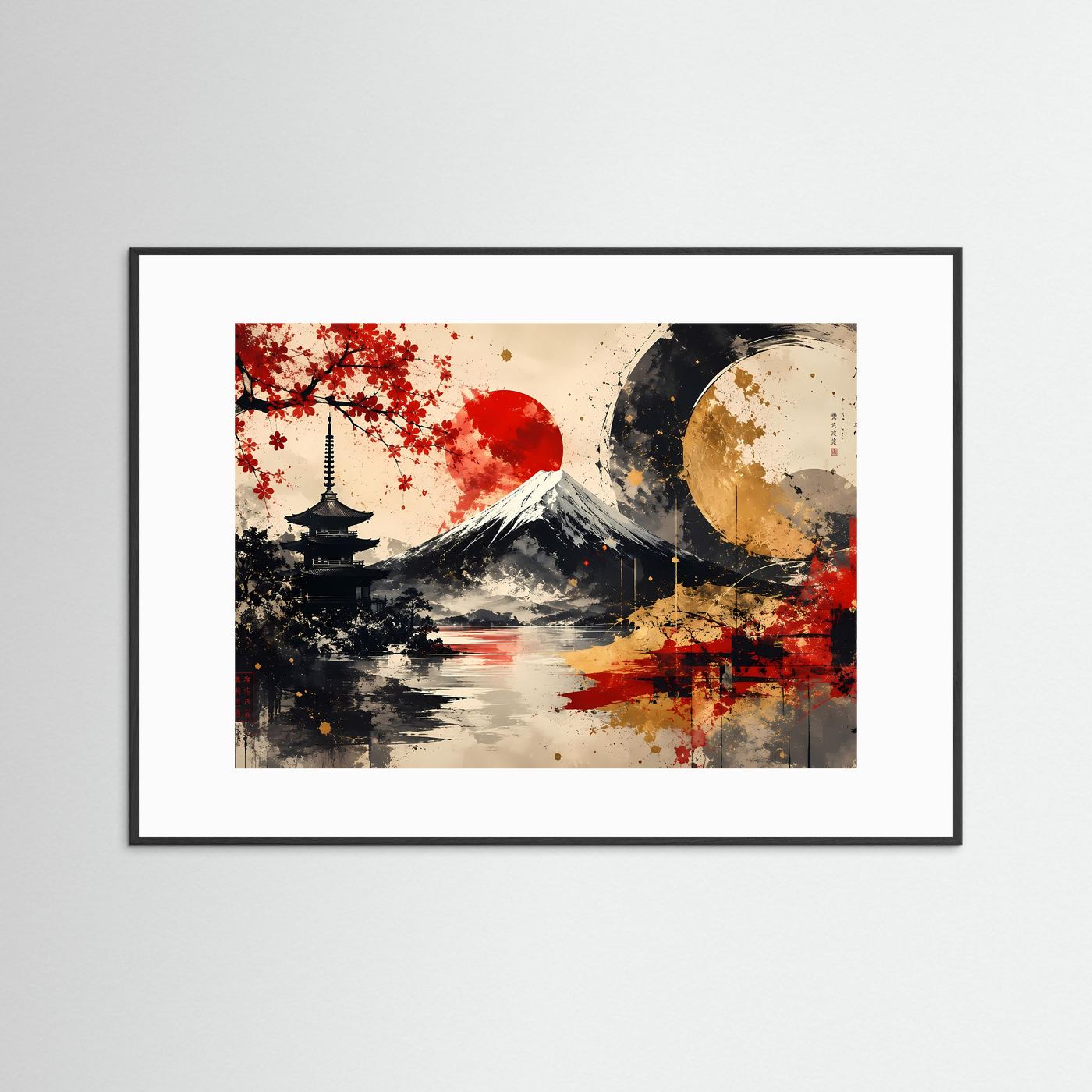 Gerahmtes Japan-Kunstposter im Querformat mit Fuji, rotem Laub, Mond und weißem Rand