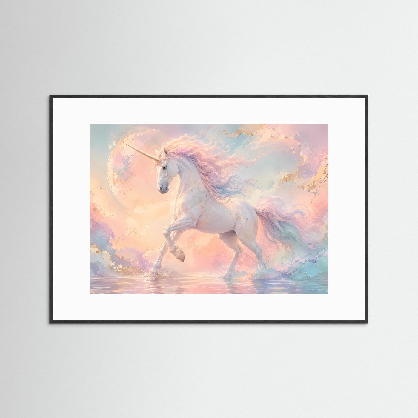 Magisches Einhorn Poster Querformat | Fantasie Wandbild Pastell Himmel & Mond | Mystische Fantasy Kunst