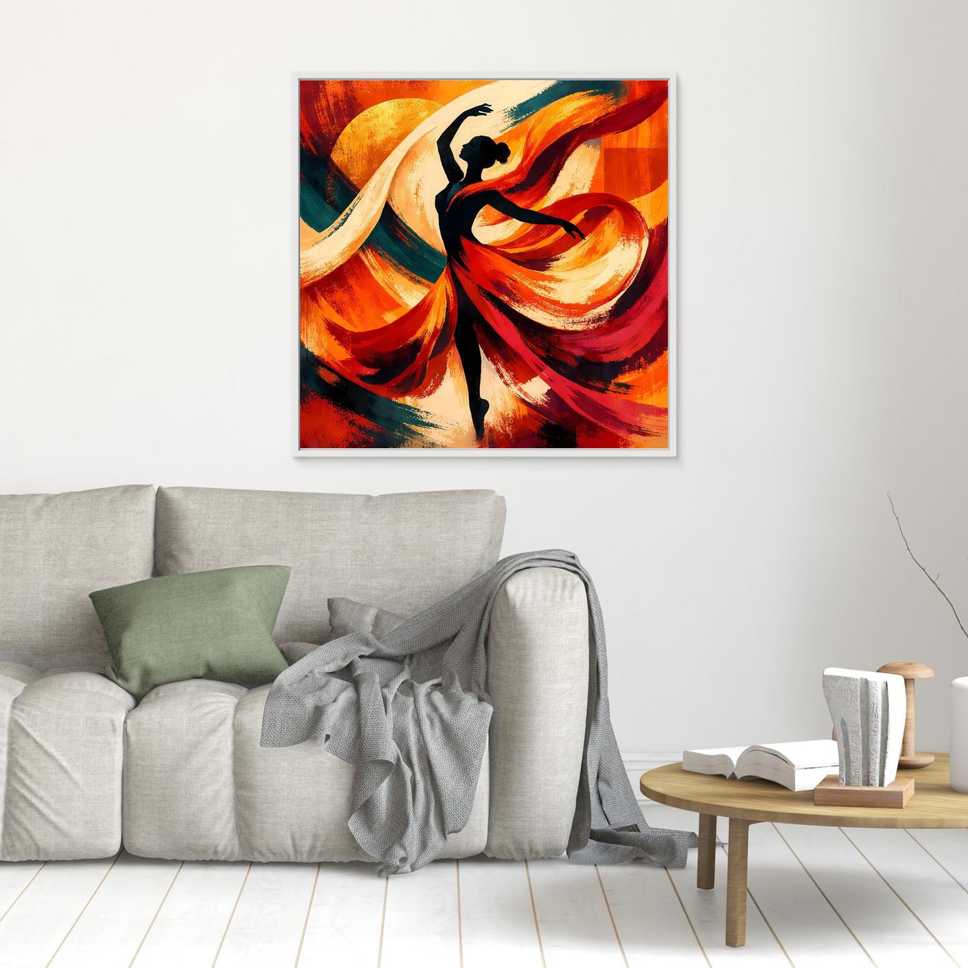 Kleines Leinwandbild mit abstrakter Tänzerin, schwarze Kontur, feurige Farbwirbel in Rot und Orange.
