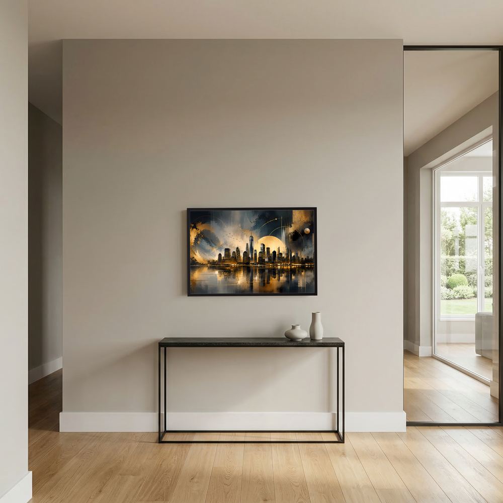 Wandbild im Querformat: New-York-Skyline in Schwarz und Gold mit Wasserreflexion, schwarzer Rahmen