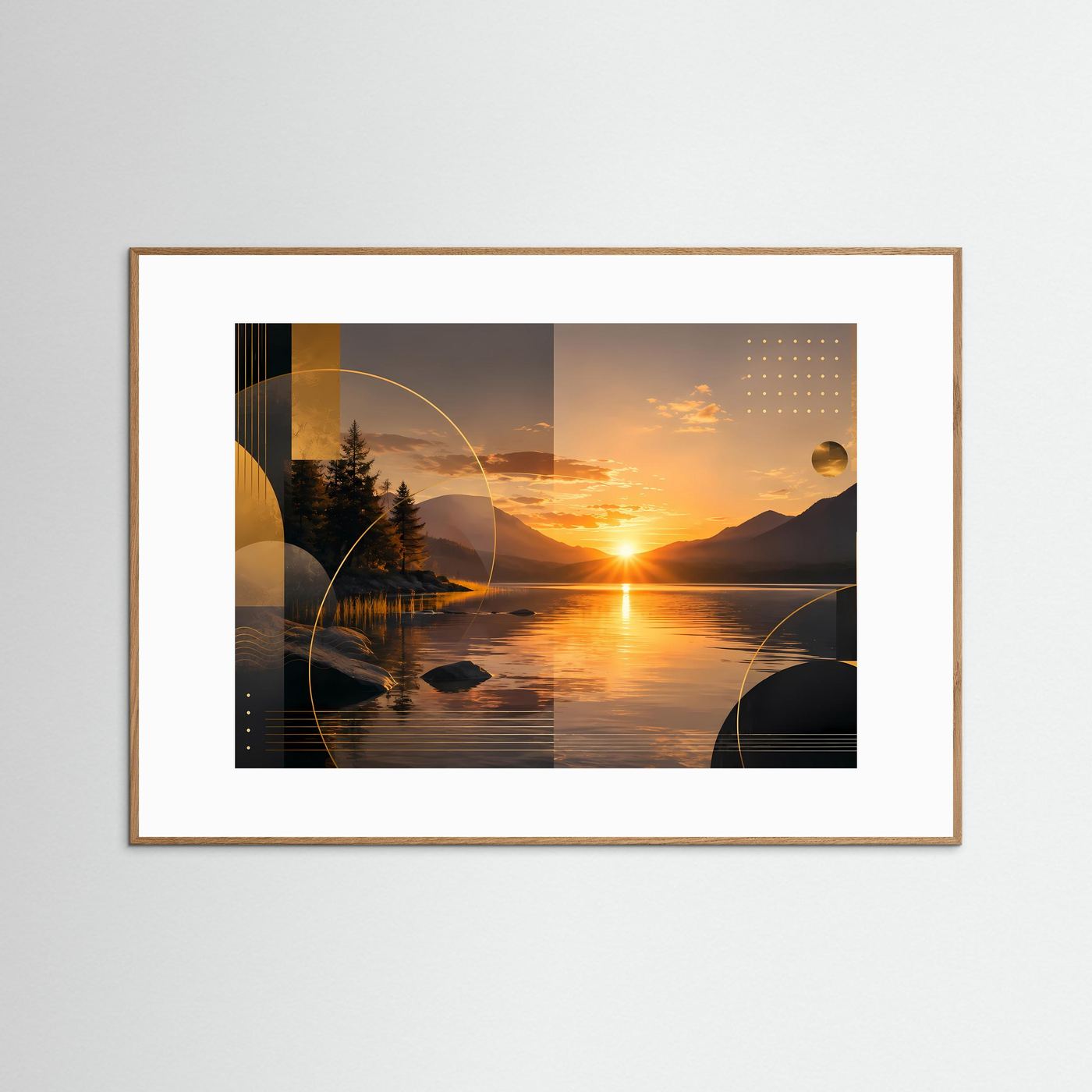 Querformat-Poster mit Bergsee-Landschaft und Sonnenuntergang, hellbrauner Holzrahmen, weißer Rand