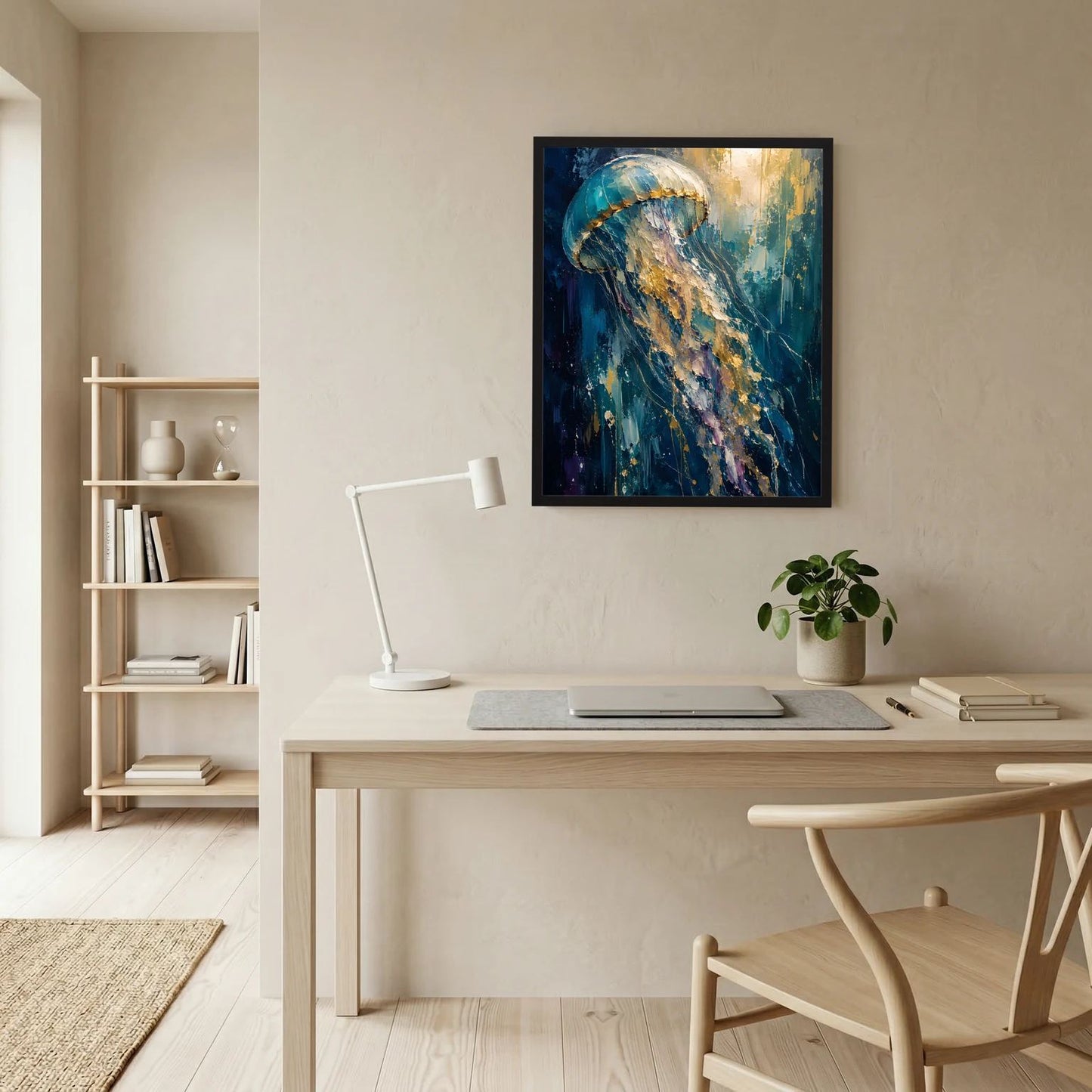 Wandposter im Rahmen: abstrakte Qualle in Blau und Gold