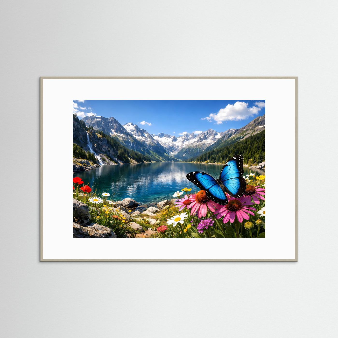 Alpiner Bergsee mit blauem Schmetterling & Wildblumen | Panorama Poster Querformat