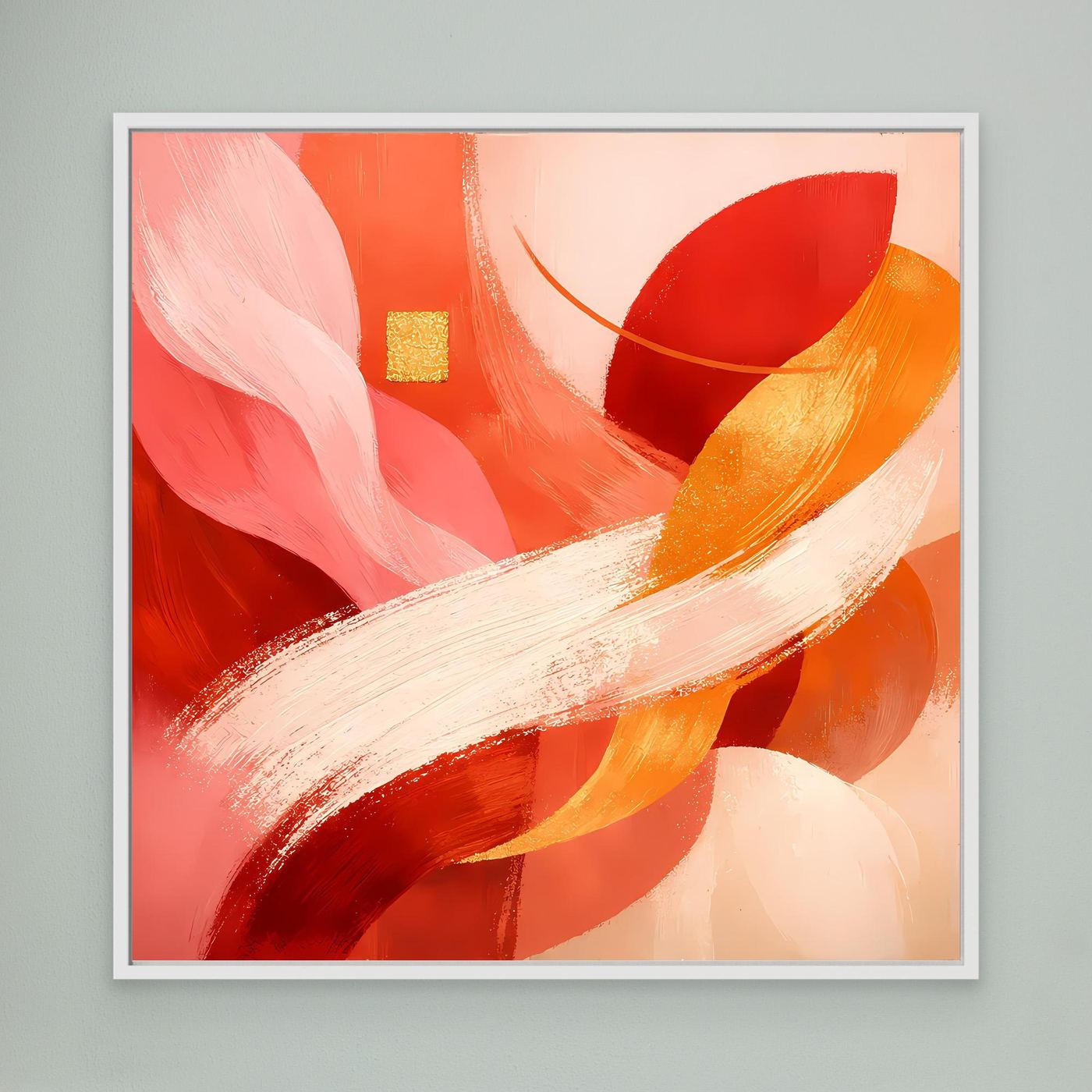 Gerahmtes abstraktes Leinwandbild mit roten, orangefarbenen und goldenen Pinselstrichen