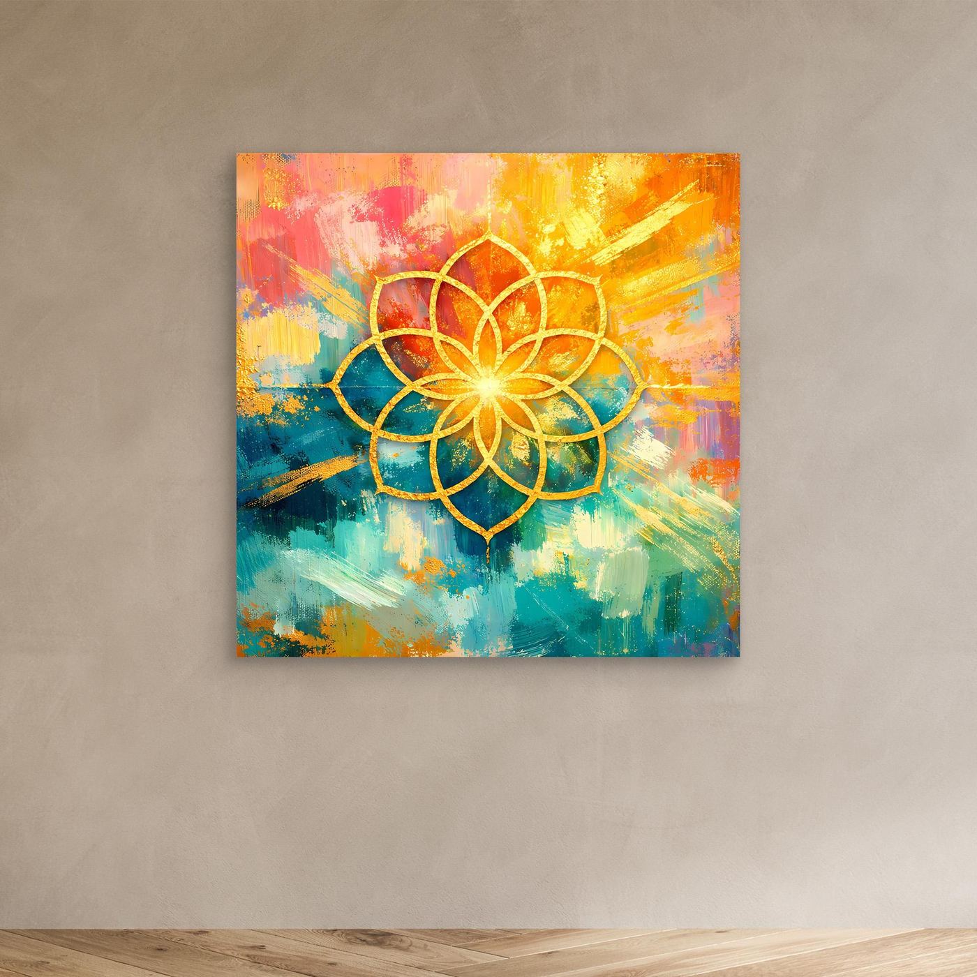 Quadratisches Leinwandbild ohne sichtbaren Rahmen: goldenes Blume-des-Lebens-Mandala
