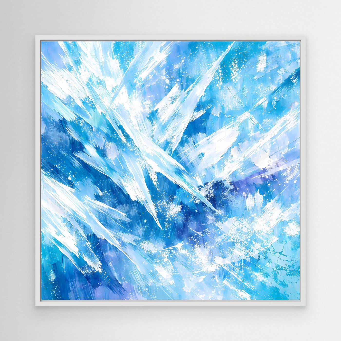 Abstraktes Leinwand-Wandbild mit blauem Eis- und Kristallmuster, weißer Rahmen