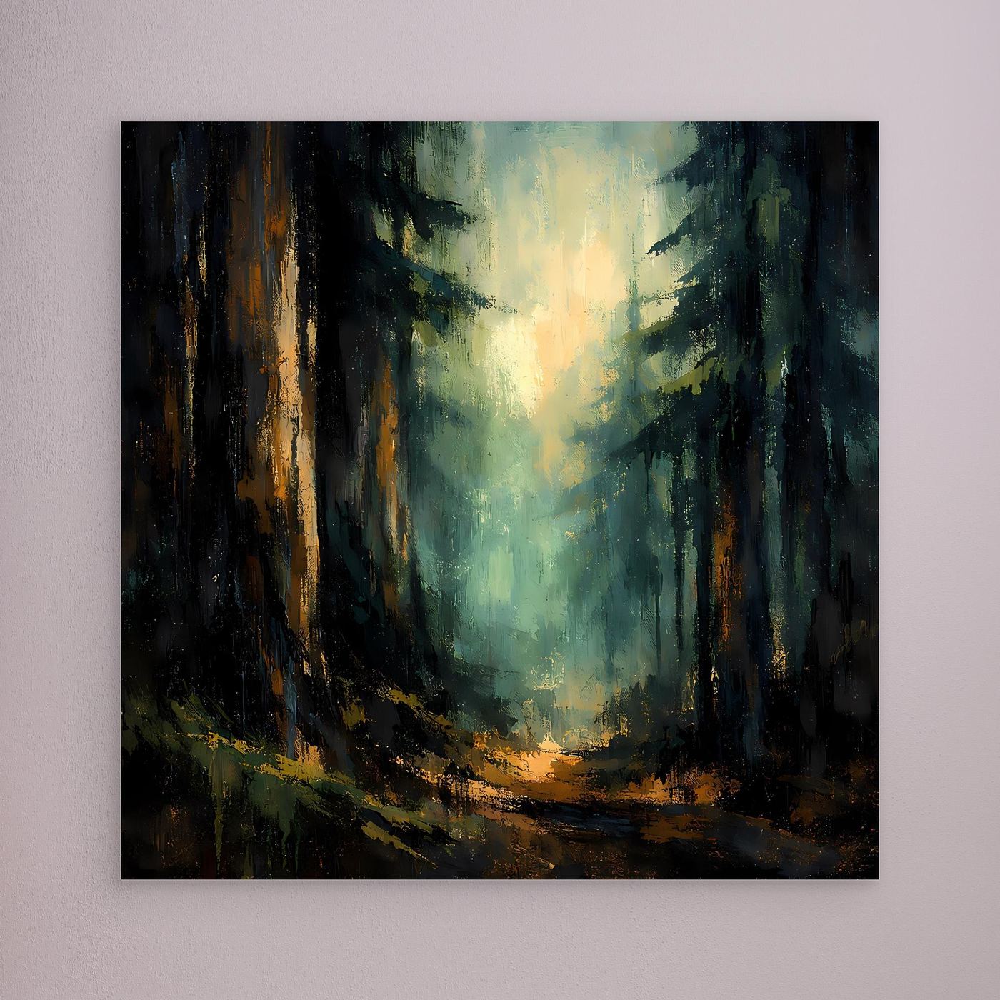 Wandbild: abstrakter Wald mit Licht, goldener Pfad, mit dunklem Rand