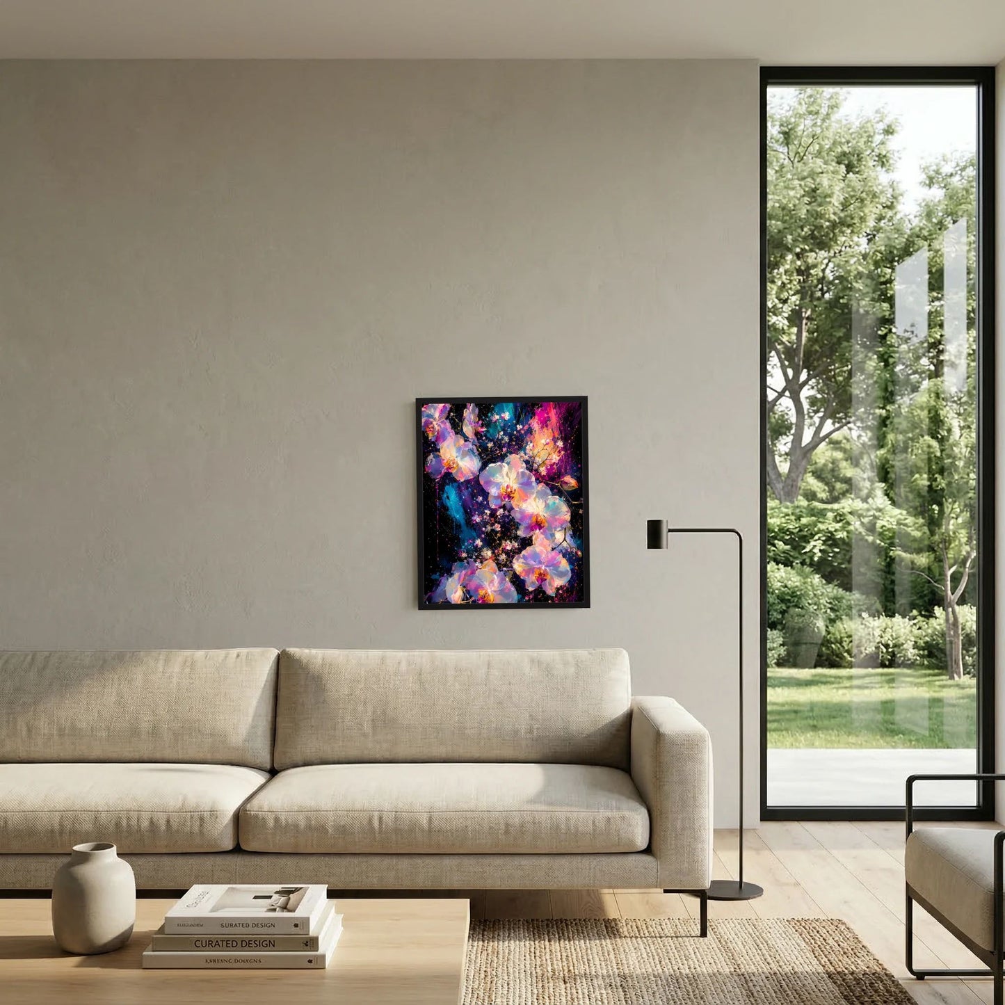 Blumenposter im schwarzen Rahmen mit abstrakten Orchideen in leuchtenden Rosa-Türkis-Tönen