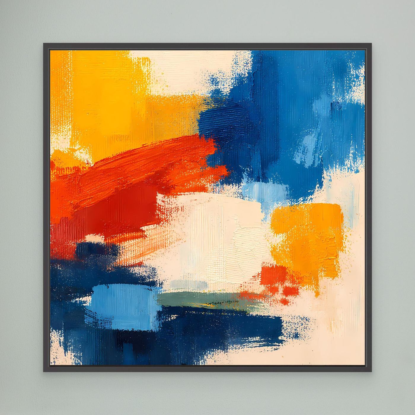 Abstract canvas wall art with yellow, red, and blue brushstrokes; dark frame