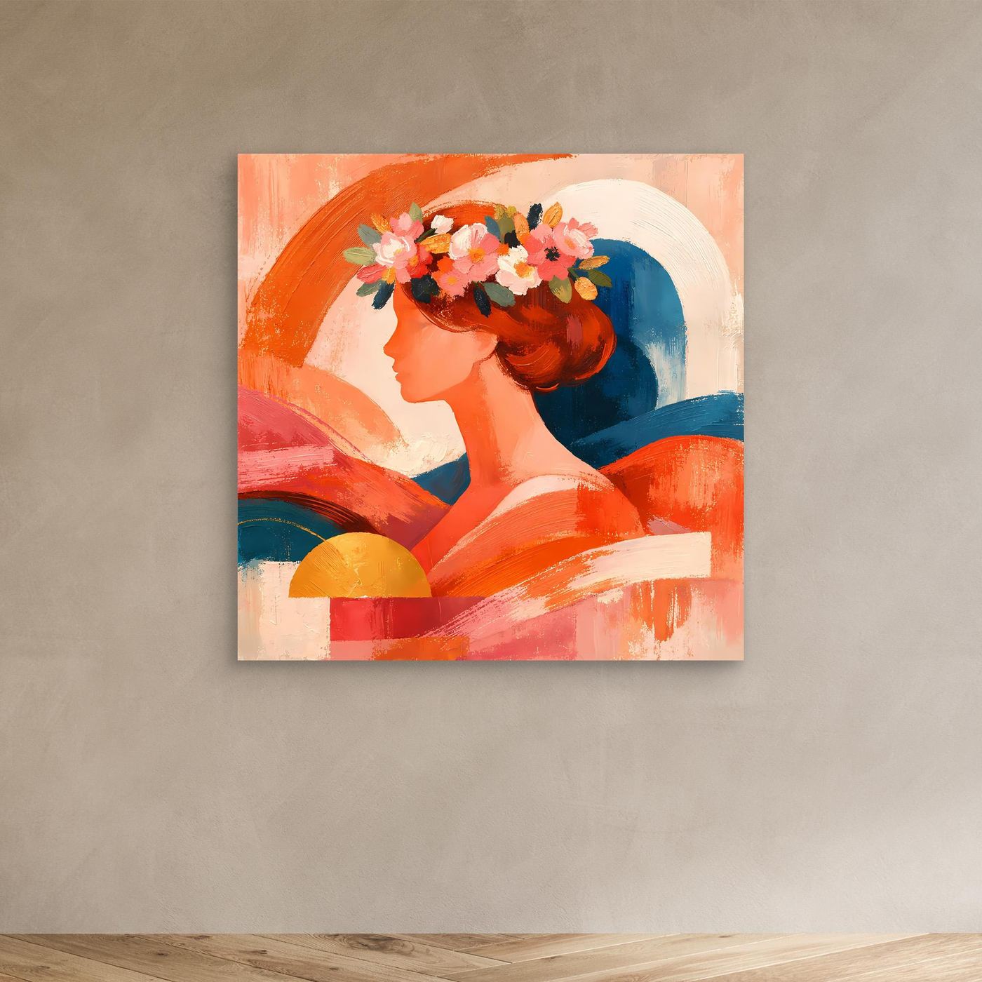 Quadratisches Leinwandbild mit abstraktem Frauenporträt im Profil und Blumenkranz, Orange/Blau.