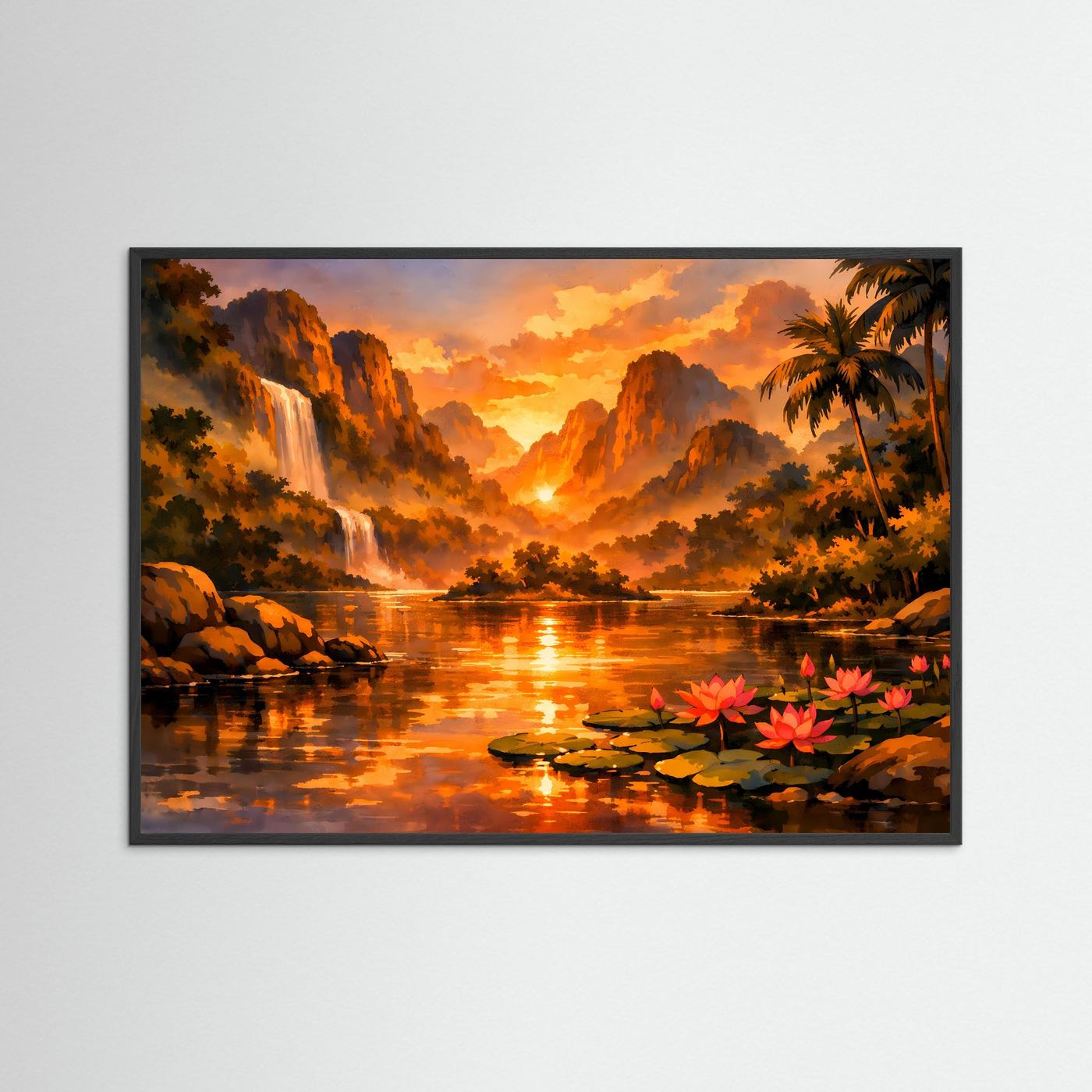 Gerahmtes Querformat-Poster: Dschungellandschaft mit Wasserfall, Fluss und roten Seerosen