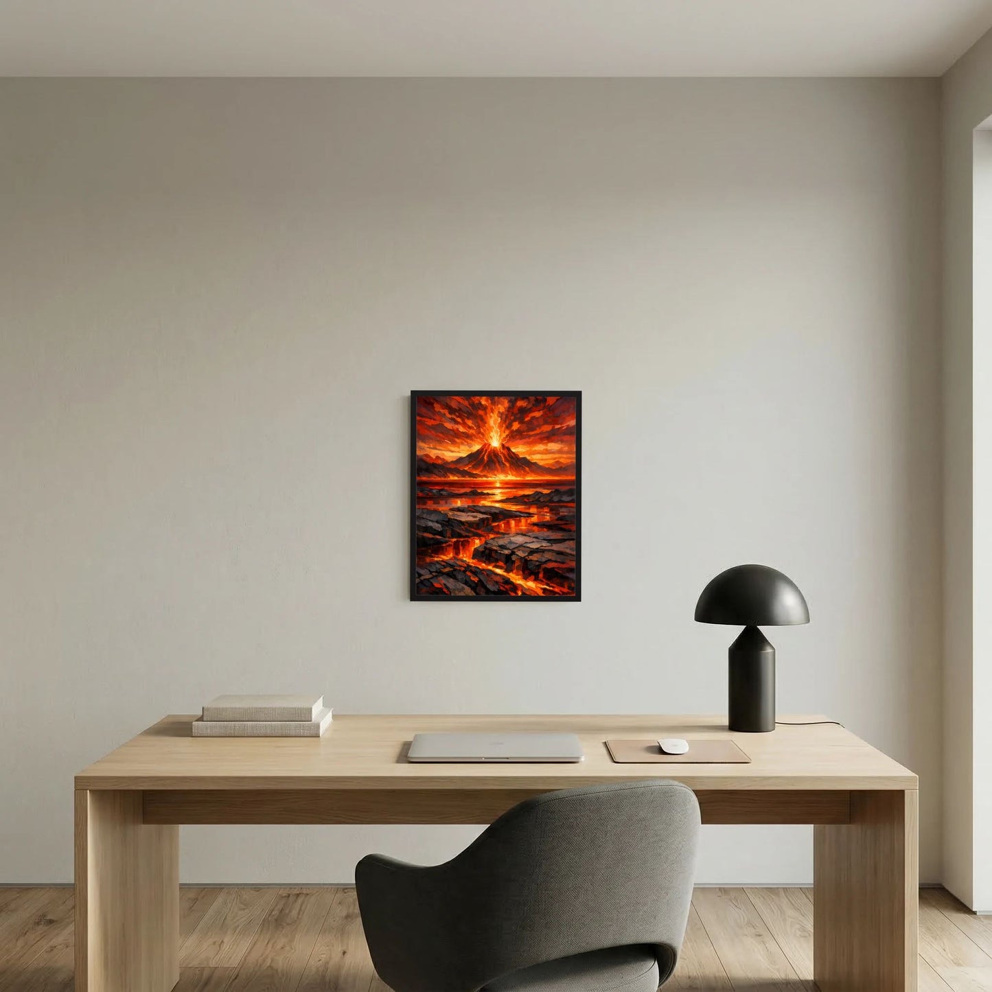 Wandposter im Rahmen (Hochformat) mit Vulkanausbruch, glühender Lava und Felslandschaft