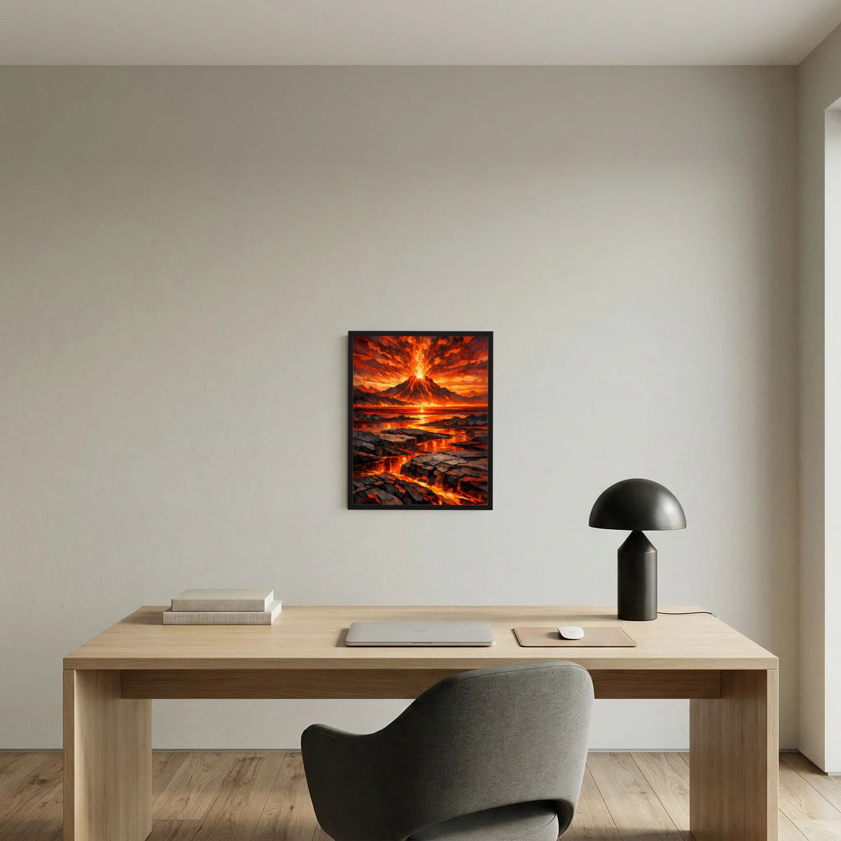 Wandposter im Rahmen (Hochformat) mit Vulkanausbruch, glühender Lava und Felslandschaft