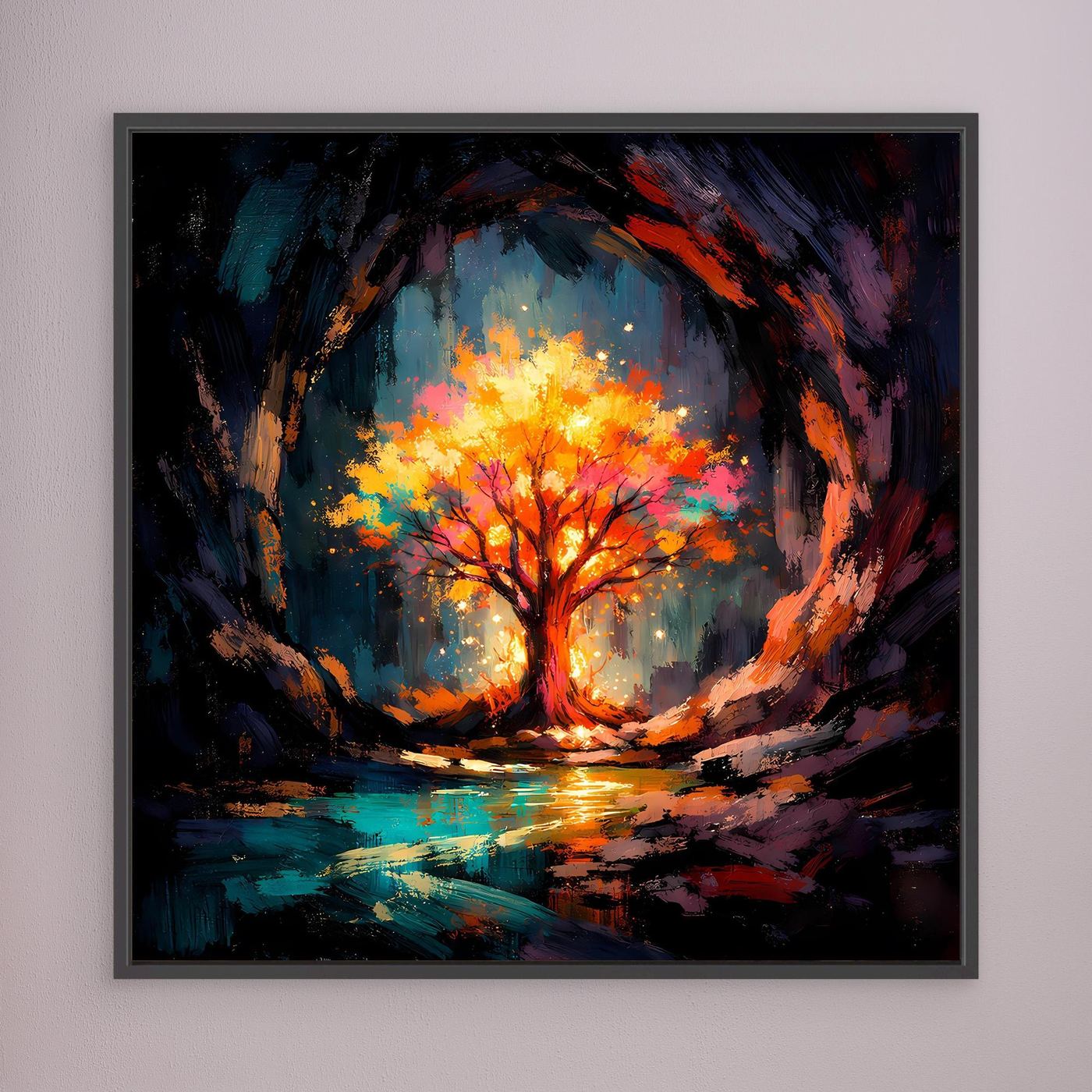 Abstract tree wall art with glowing orange canopy and blue tones, black-framed square canvas