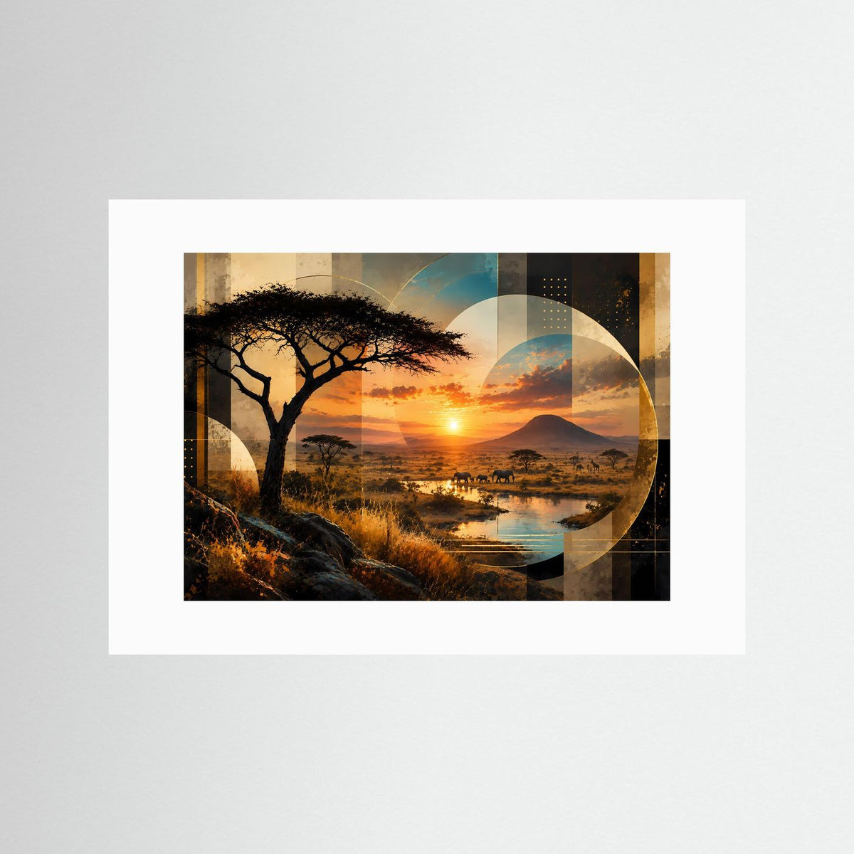Savannenlandschaft-Poster im Querformat mit weißem Passepartout: Baum, Sonnenuntergang, Berg und Fluss.
