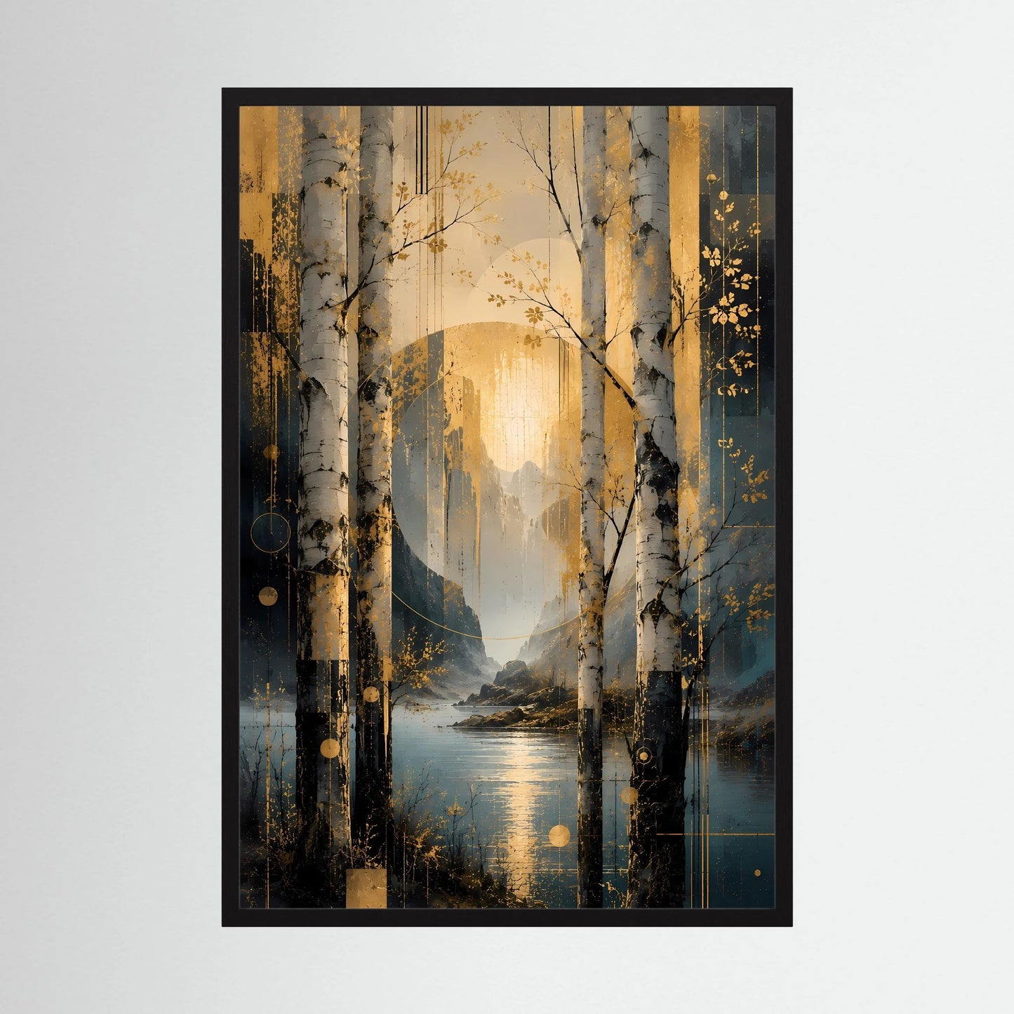 Poster im Hochformat mit abstrakter Landschaft: Birken, goldene Sonne, petrolfarbener See