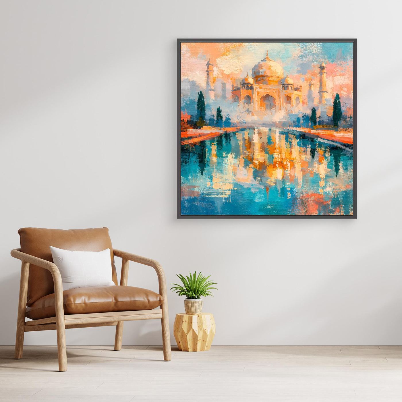 Leinwand-Wandbild mit schwarzem Rahmen: abstraktes Taj Mahal mit farbiger Wasserreflexion
