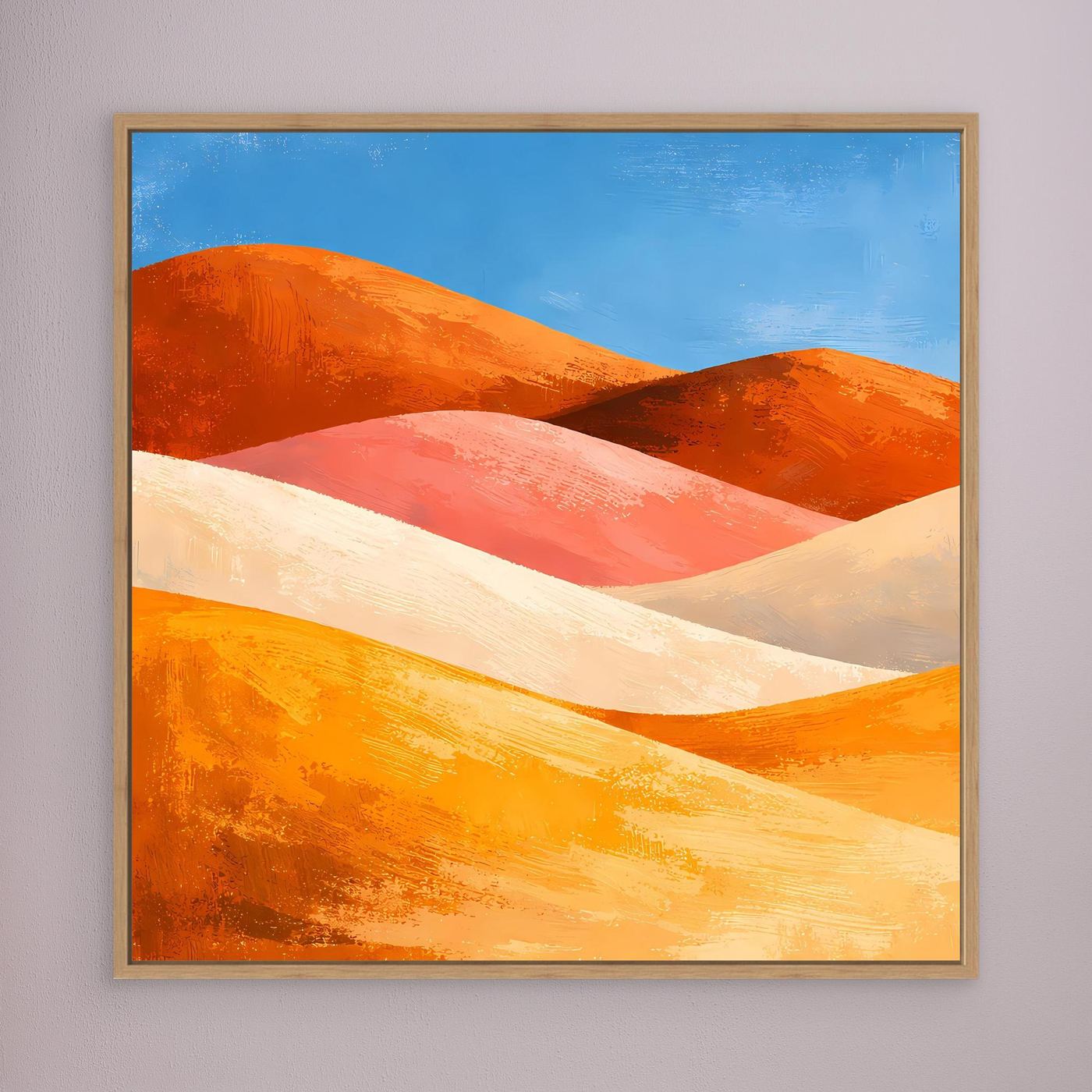 Abstraktes Wandbild auf Leinwand mit Dünen in Orange und Rosa, beiger Holzrahmen