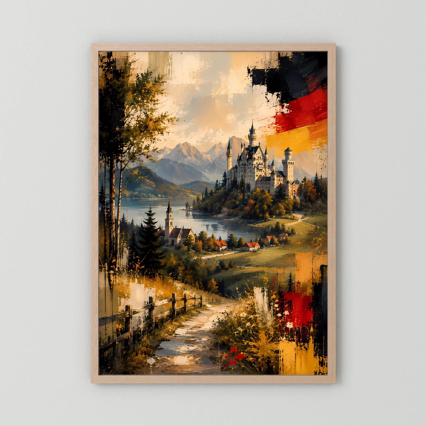 Kunstposter im Hochformat mit naturfarbenem Rahmen: abstrakte Alpenlandschaft mit Schloss und Fluss