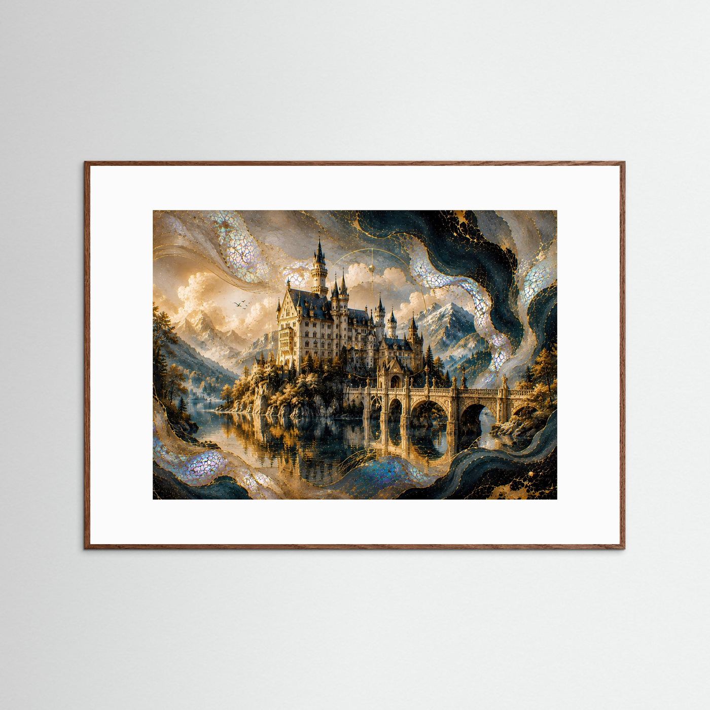 Gerahmtes Poster im Querformat mit Märchenschloss in Gold- und Perlmuttfarben, dunkler Holzrahmen