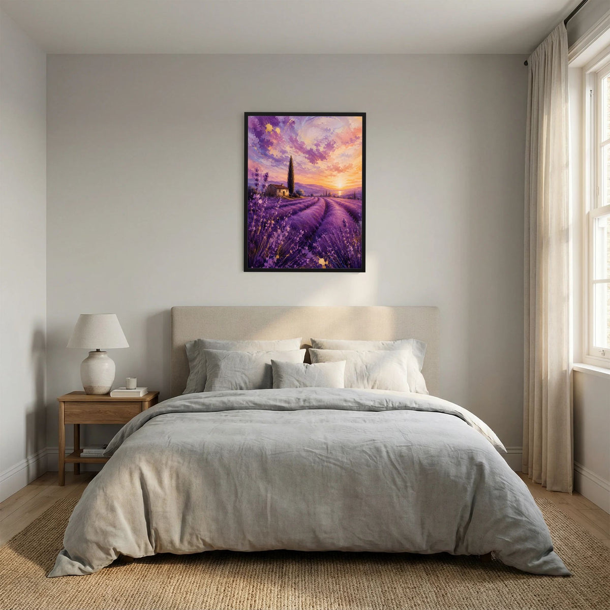 Hochformat-Poster mit Lavendelfeld bei Sonnenuntergang im dunklen Rahmen über dem Bett