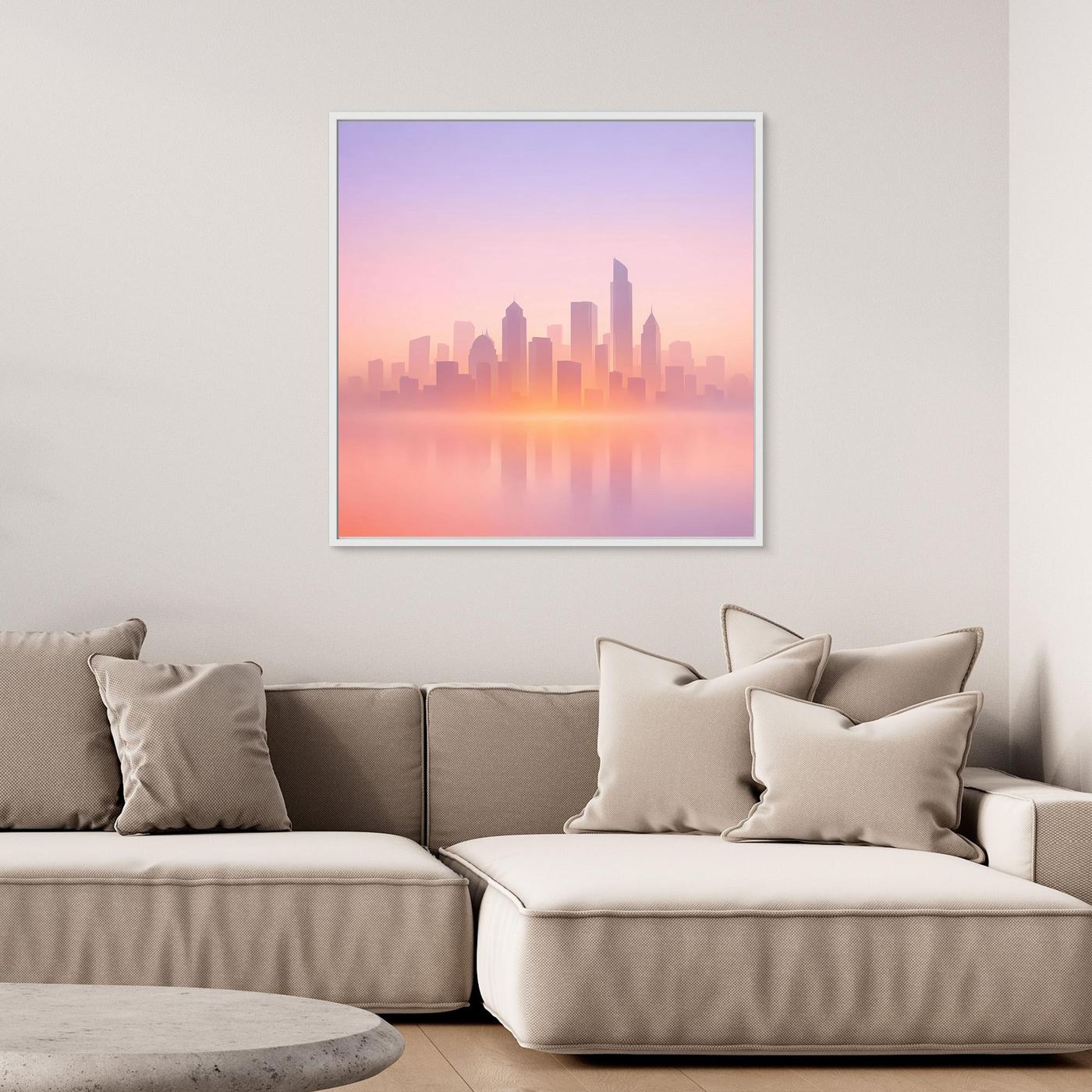 Quadratisches Leinwand-Wandbild mit Skyline im Dunst in Pastell, weißer Rahmen