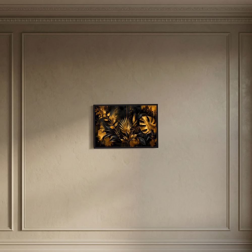 Botanisches Wandbild mit goldenen Monstera-Blättern auf dunklem Hintergrund, schwarzer Rahmen