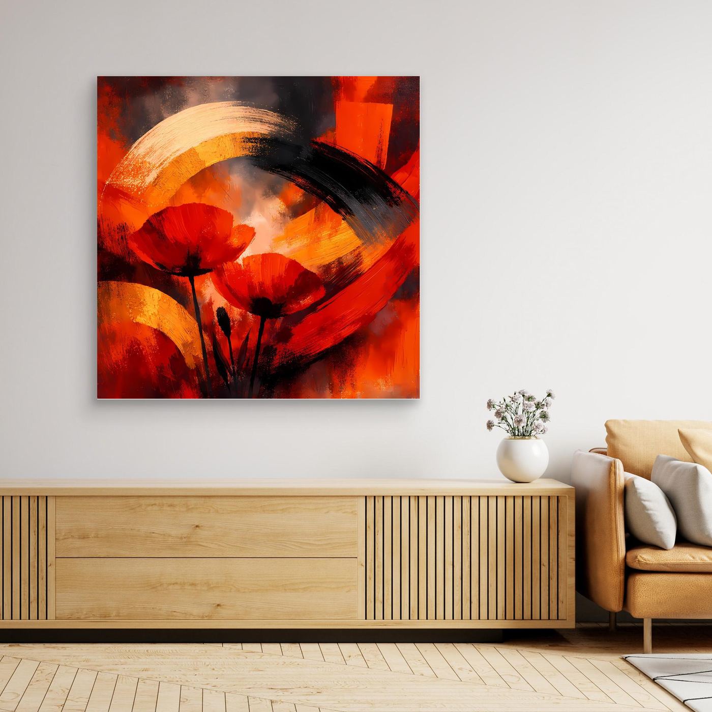 Leinwandbild mit abstrakter Mohnblüte in Rot, Schwarz und Gold, mit braunem Holzrahmen