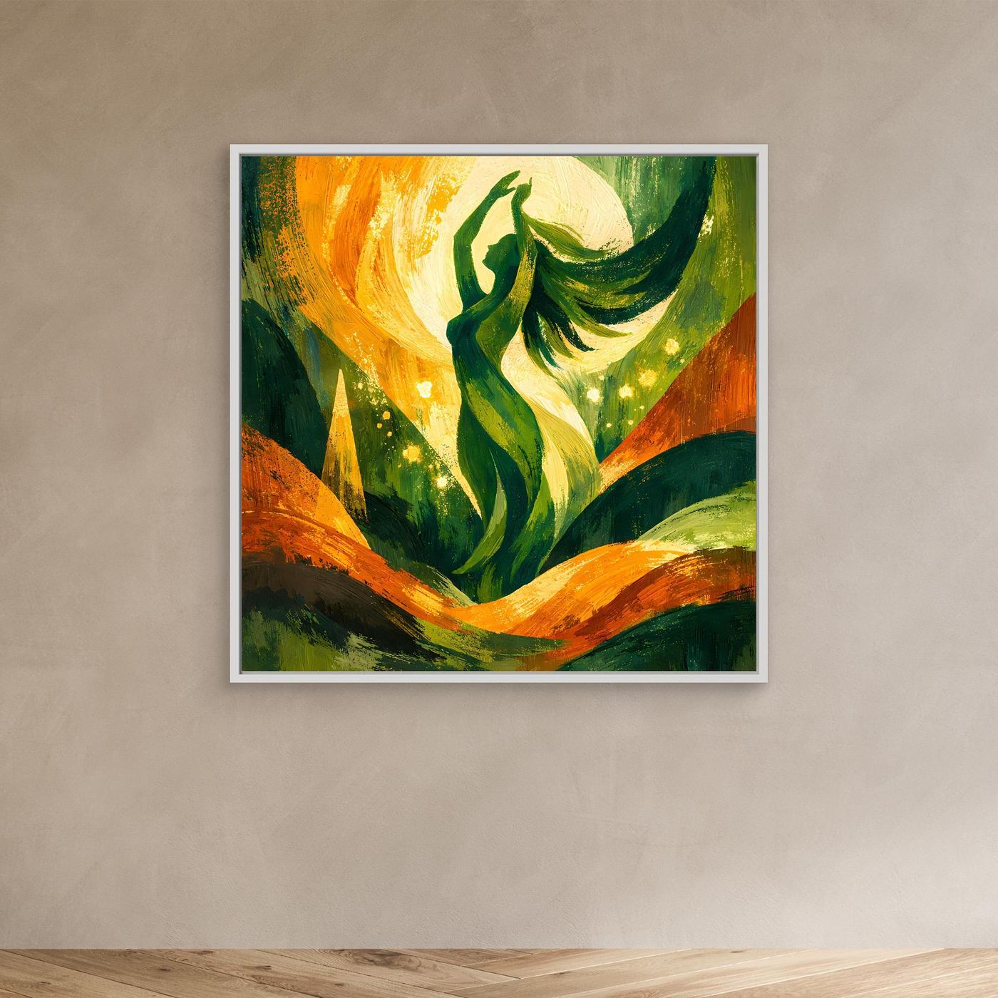 Leinwand-Wandbild Natur-Göttin mit weißem Rahmen, grüne Silhouette und leuchtende Punkte