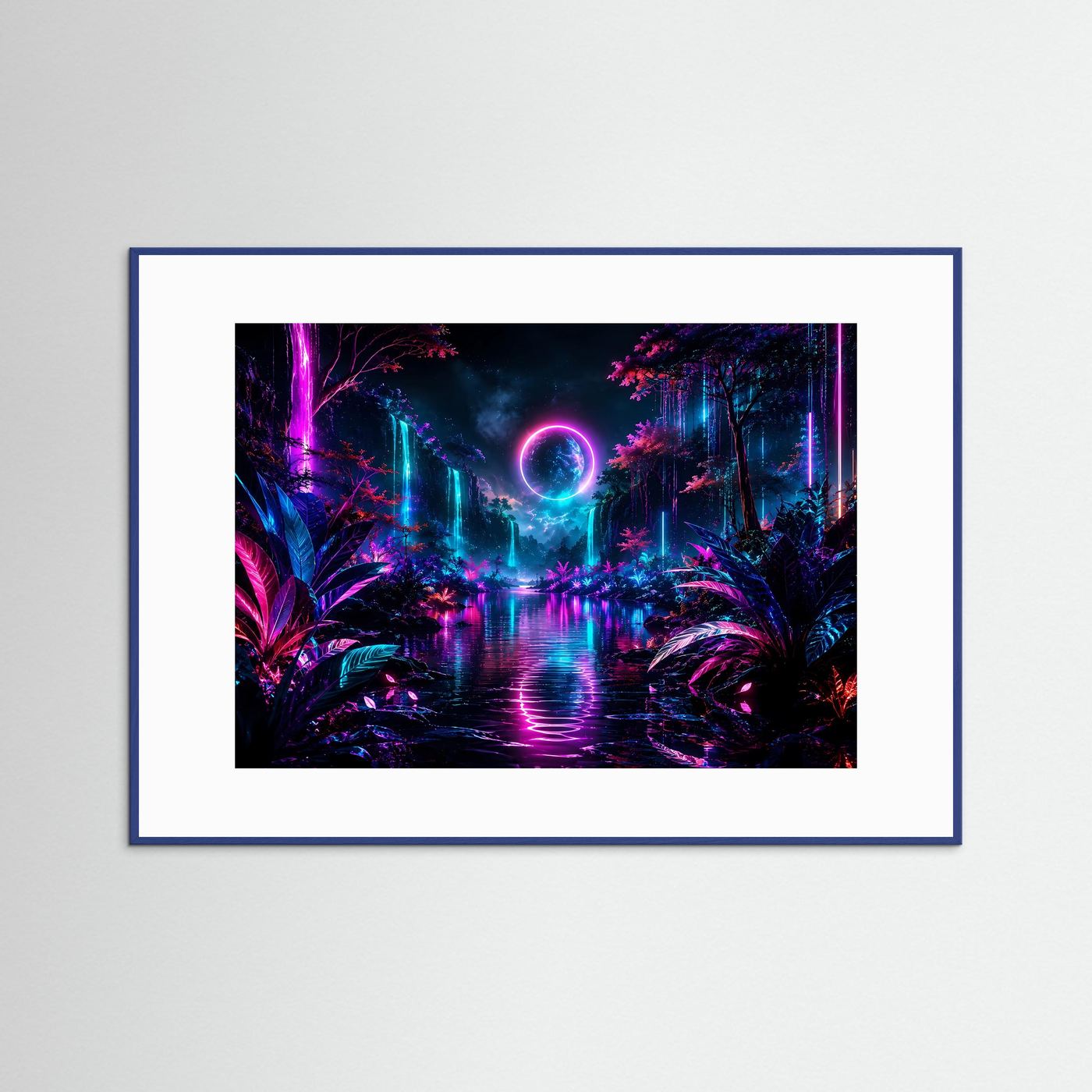 Neon Fantasy Landschaft Poster | Leuchtender Wasserfall Wandkunst | Futuristische Natur | Cyberpunk Landschaft in Pink & Blau