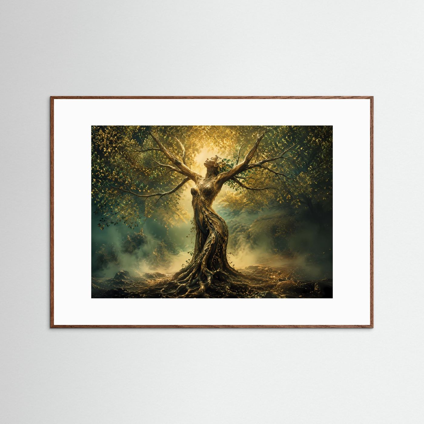 Göttin des Waldes | Mystischer Lebensbaum in Gold & Grün – Fantasy Wandkunst