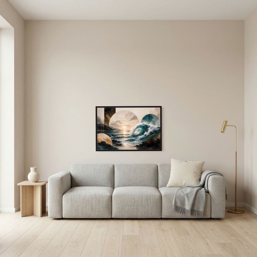 Gerahmtes Querformat-Poster mit Meereswellen-Motiv über dem Sofa im schwarzen Rahmen