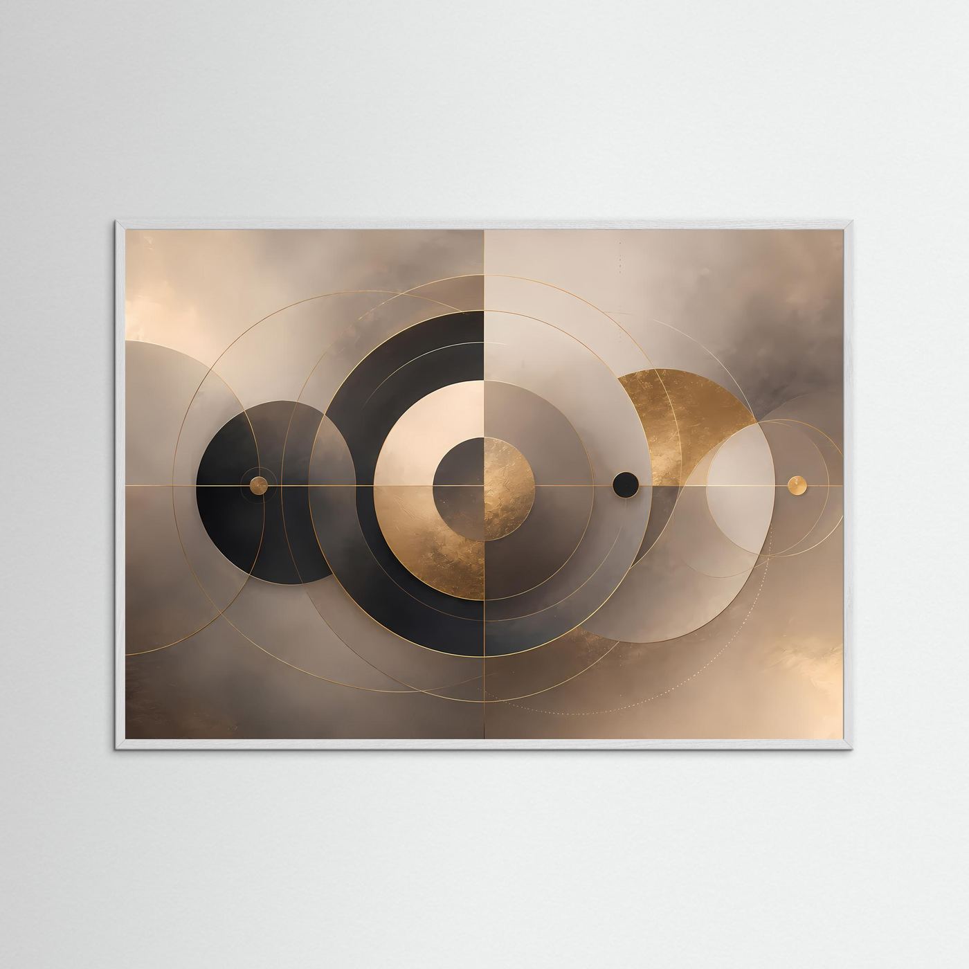 Querformat-Poster mit Kreisen in Beige, Gold und Schwarz im weißen Holzrahmen