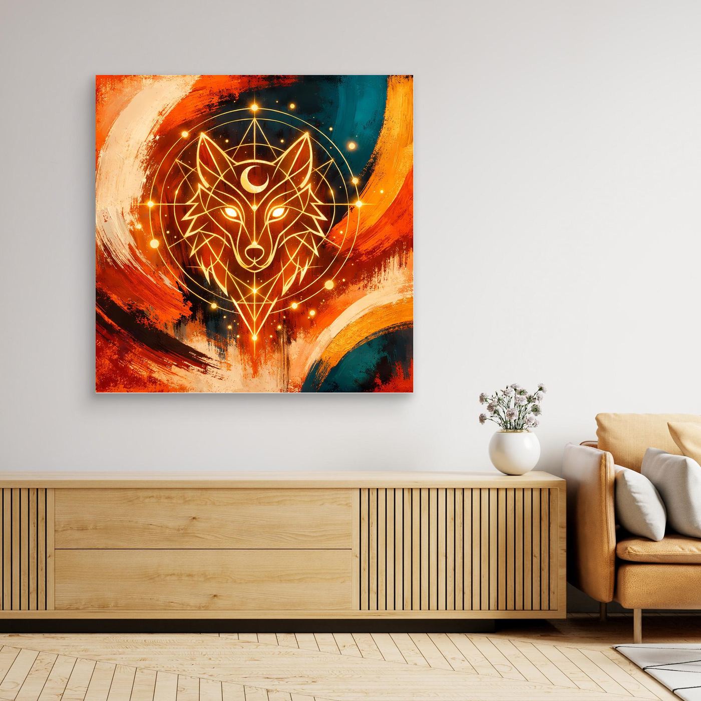 Gerahmtes quadratisches Leinwandbild: geometrischer Wolf mit kosmischem Muster in Orange, Schwarz, Blau