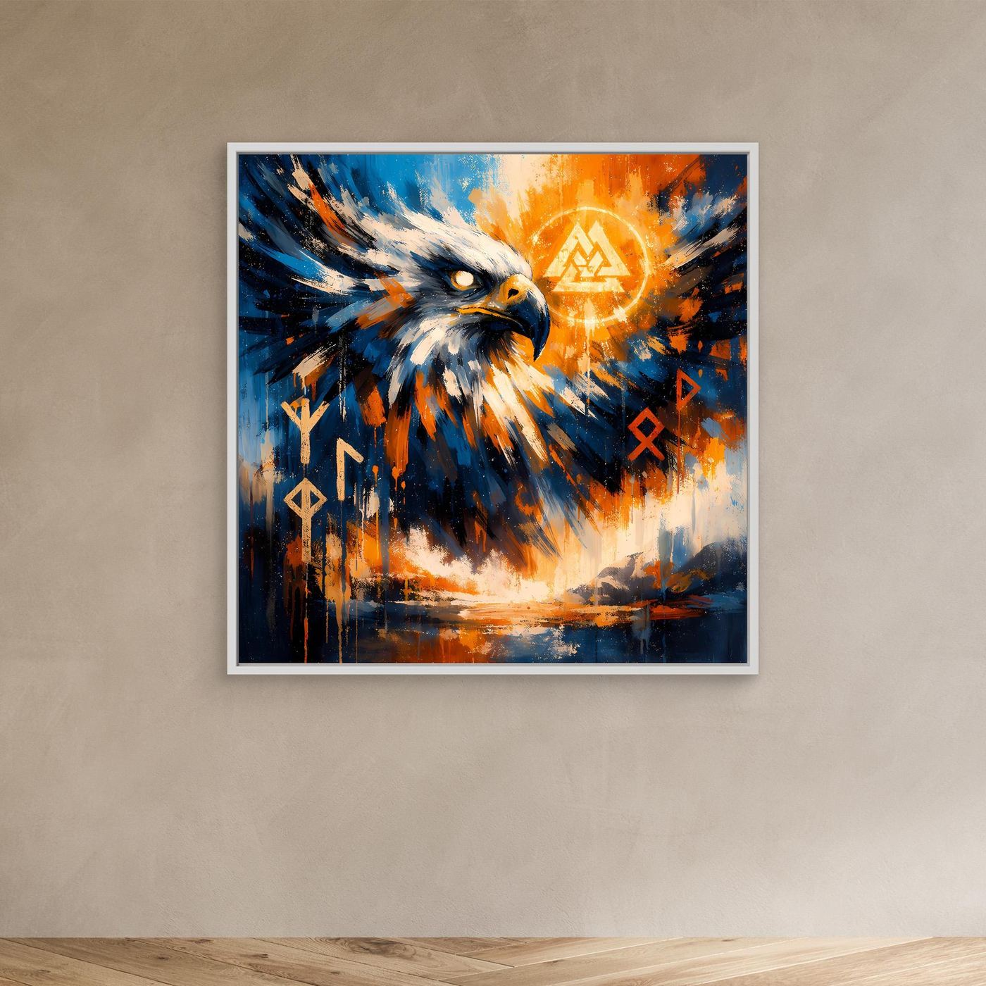 Abstraktes Leinwand-Wandbild: nordischer Adler, blau-oranges Design, weißer Rahmen