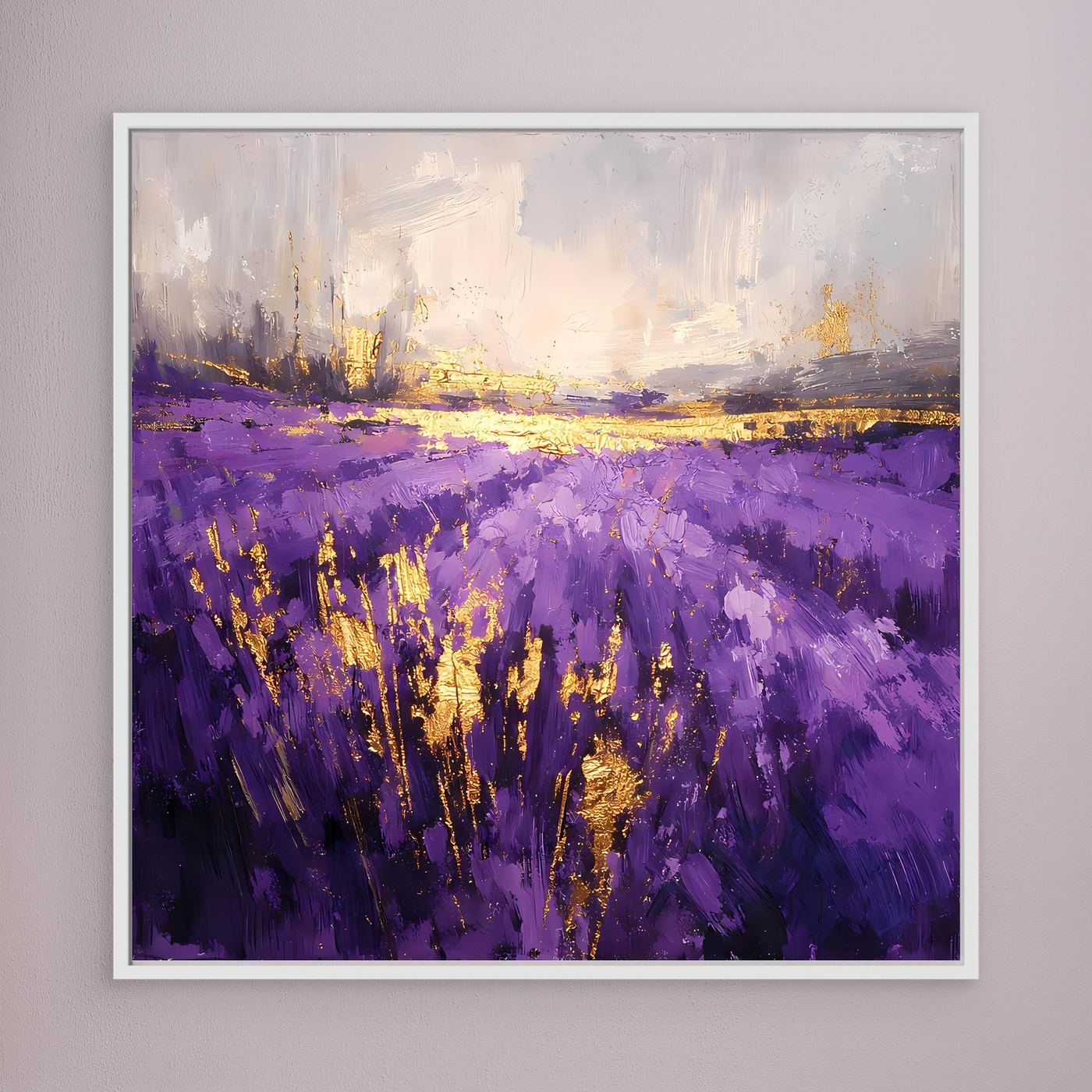 Leinwandbild Lavendelfeld abstrakt in Violett, goldene Akzente, weißer Rahmen, quer