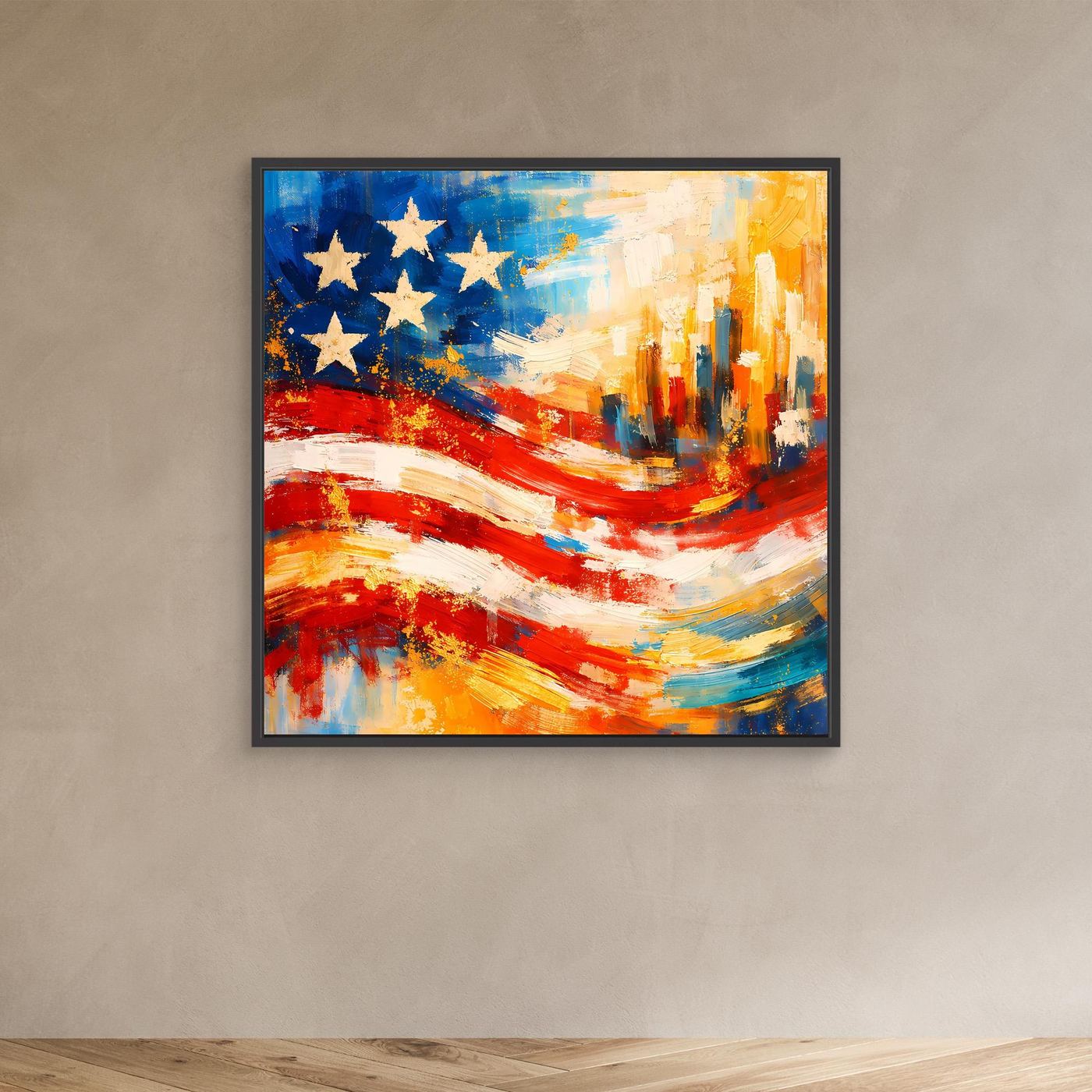Leinwandbild mit abstrakter US-Flagge, blaue Sterne, rote Streifen und Skyline, schwarzer Rahmen