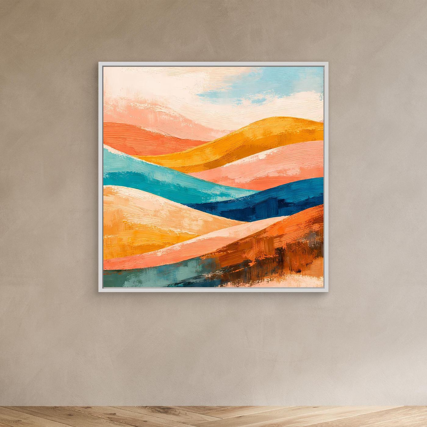 Abstract canvas wall art with wave-like hills in orange, teal, and blue, light frame