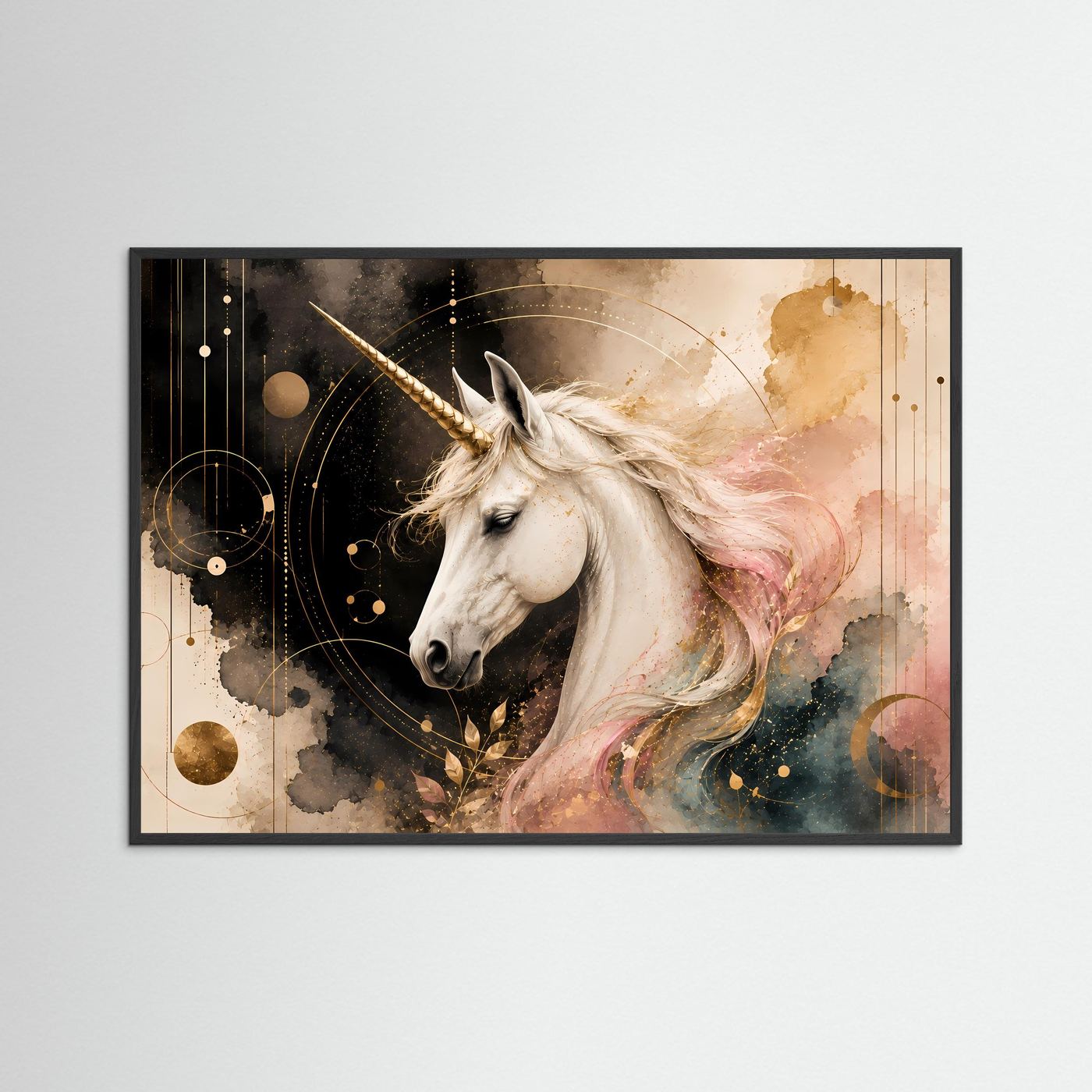 Querformat-Poster mit Einhornmotiv in Pastellrosa und Gold im schwarzen Holzrahmen