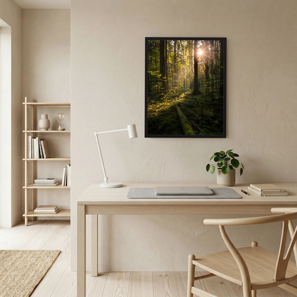Im schwarzen Rahmen: Hochformat-Poster mit dunklem Wald und Sonnenstrahlen