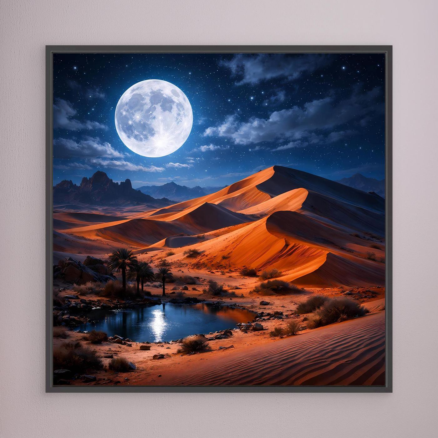 Wandbild mit Mondnacht in der Wüste, orange Dünen, schwarzer Rahmen