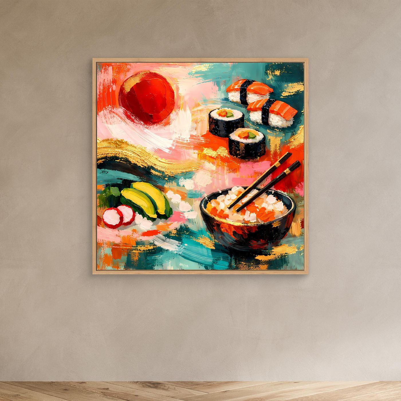 Leinwandbild mit Sushi-Kunst im beigen Rahmen: Sushi-Rollen, Schale und Stäbchen