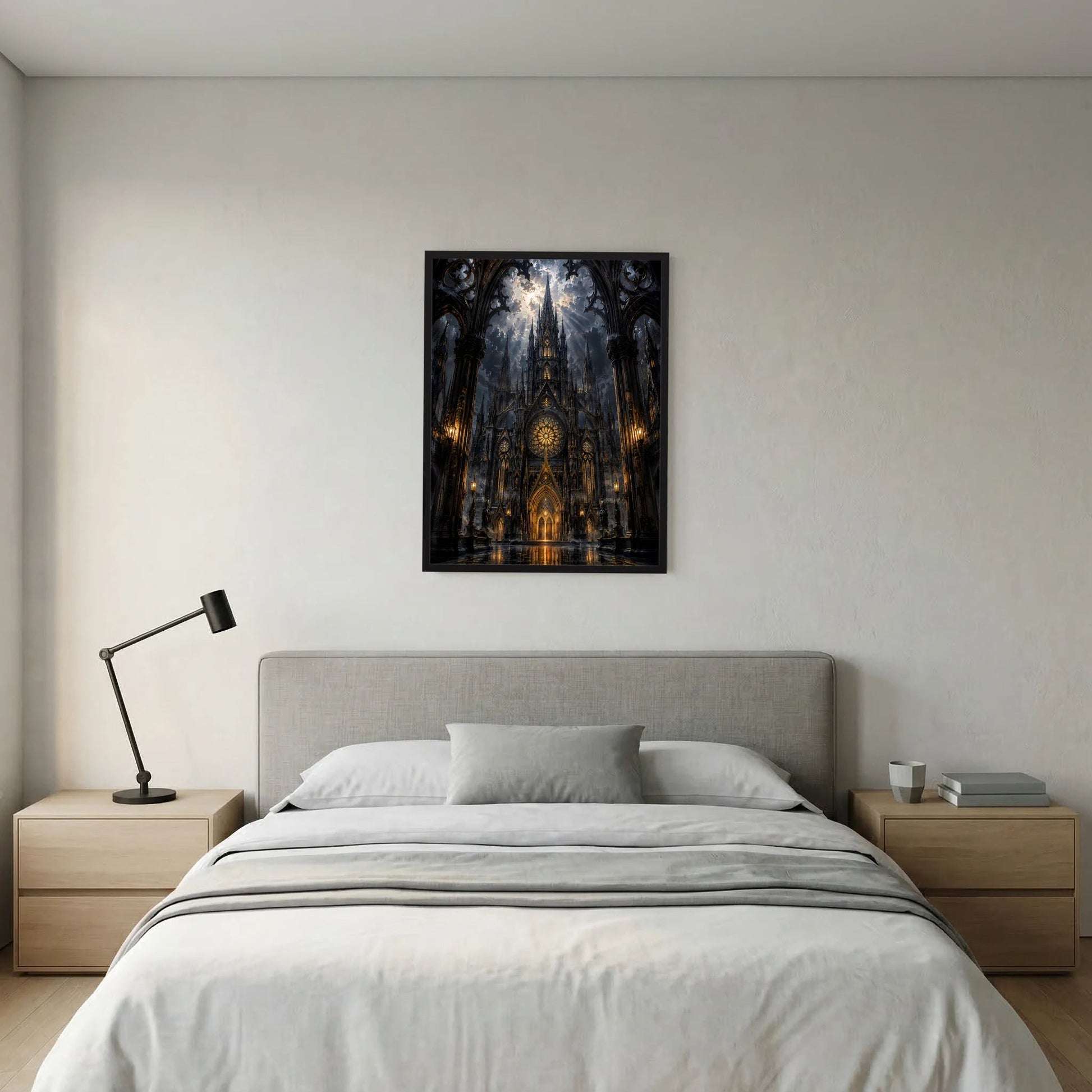 Poster im schwarzen Rahmen: gotische Kathedrale in Schwarz und Gold