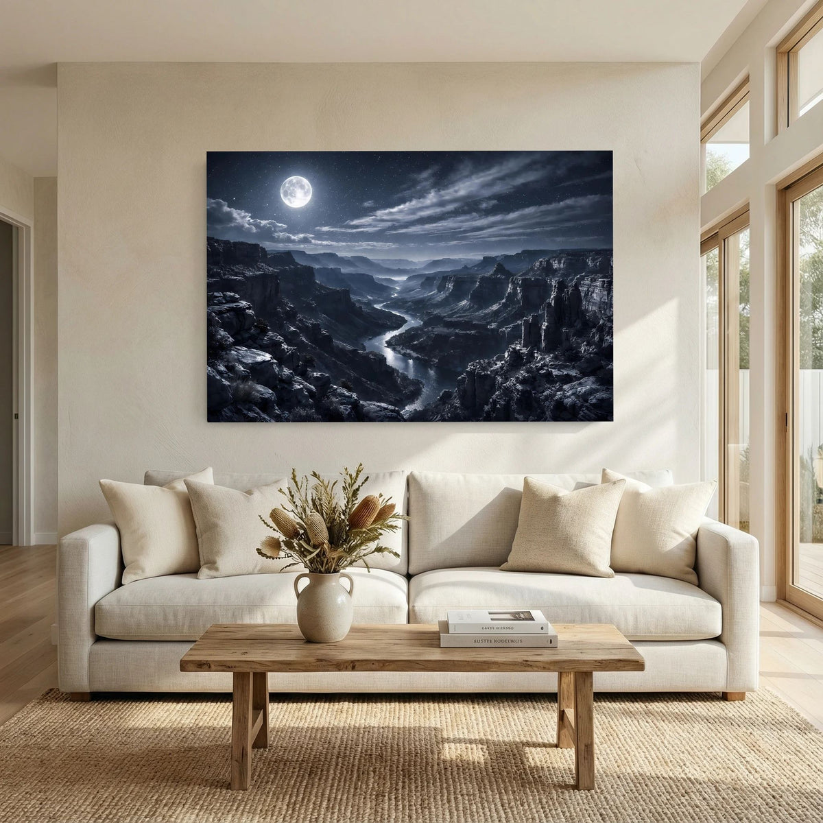 Wandposter im Querformat: Mondlicht über Canyon-Felsen und schimmernder Flussschlucht