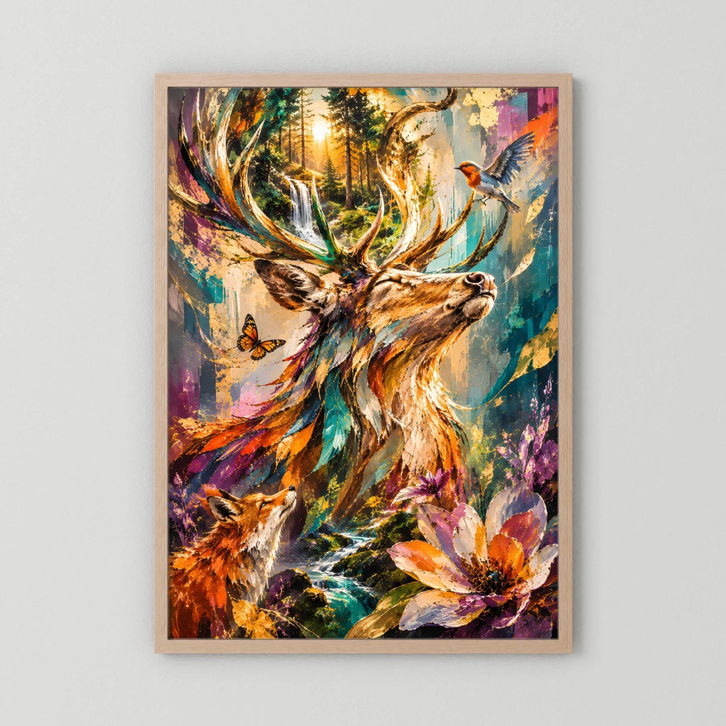 Poster mit Hirsch und bunten Blumen, naturfarben gerahmt