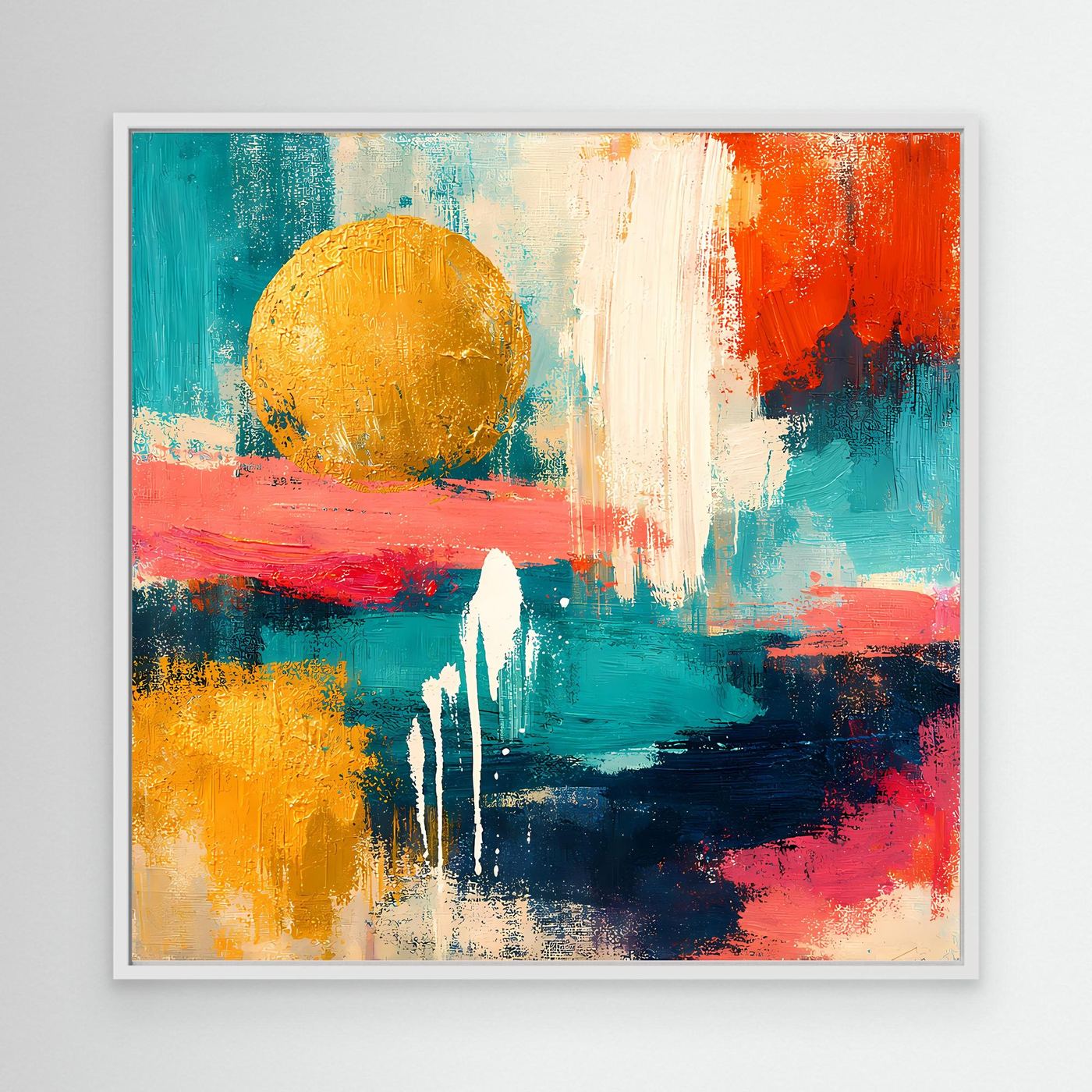 Abstraktes Leinwandbild mit goldener Sonne und Farbflächen, weißer Rahmen
