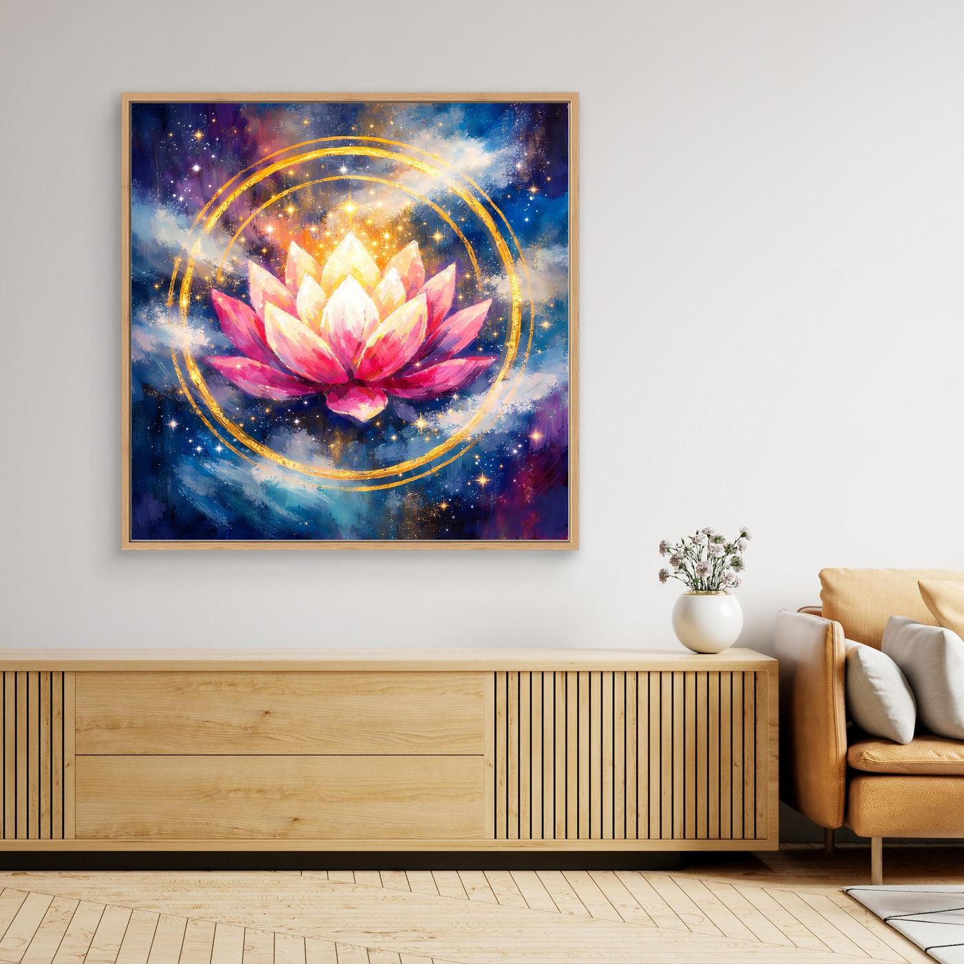 Leinwand-Wandbild mit Lotusblüte im Kosmos, mit goldfarbenem Rahmen