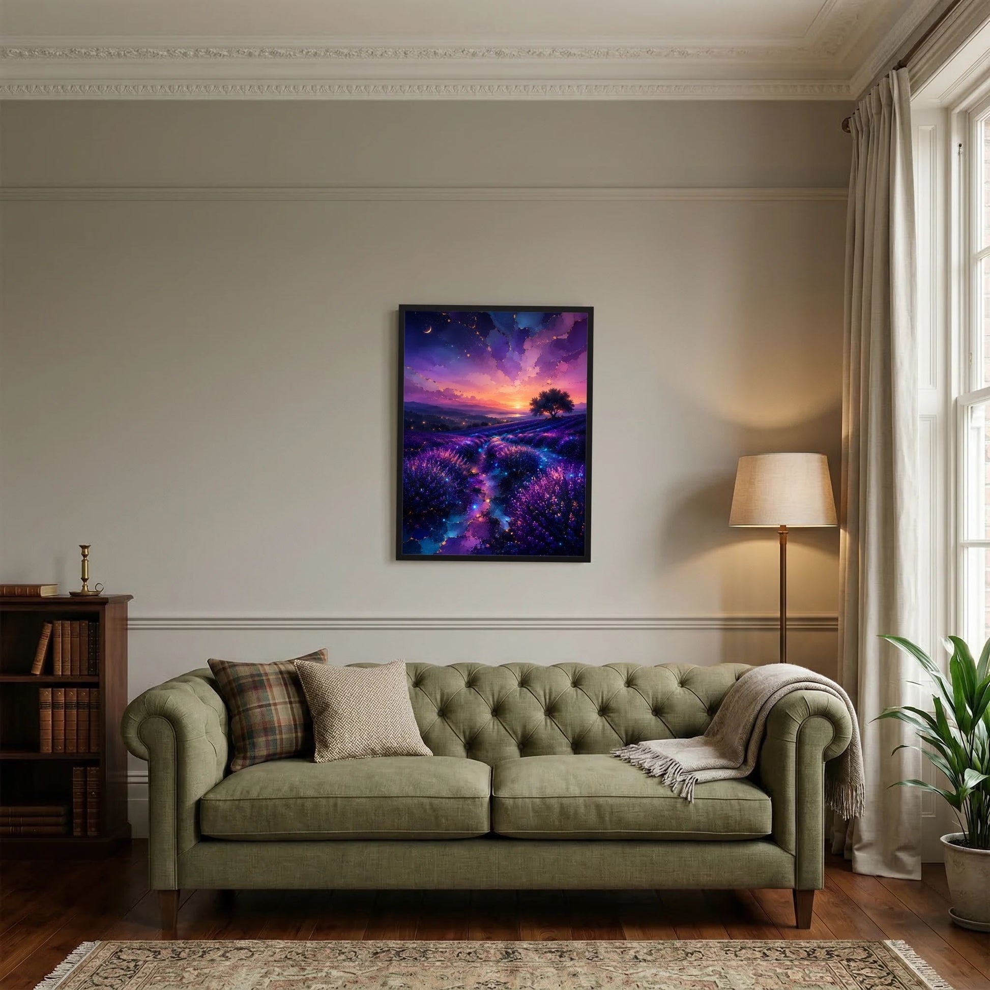 Hochformatiges Poster mit Lavendelfeld in Lila und Blau, Sonnenuntergang mit Sternenhimmel