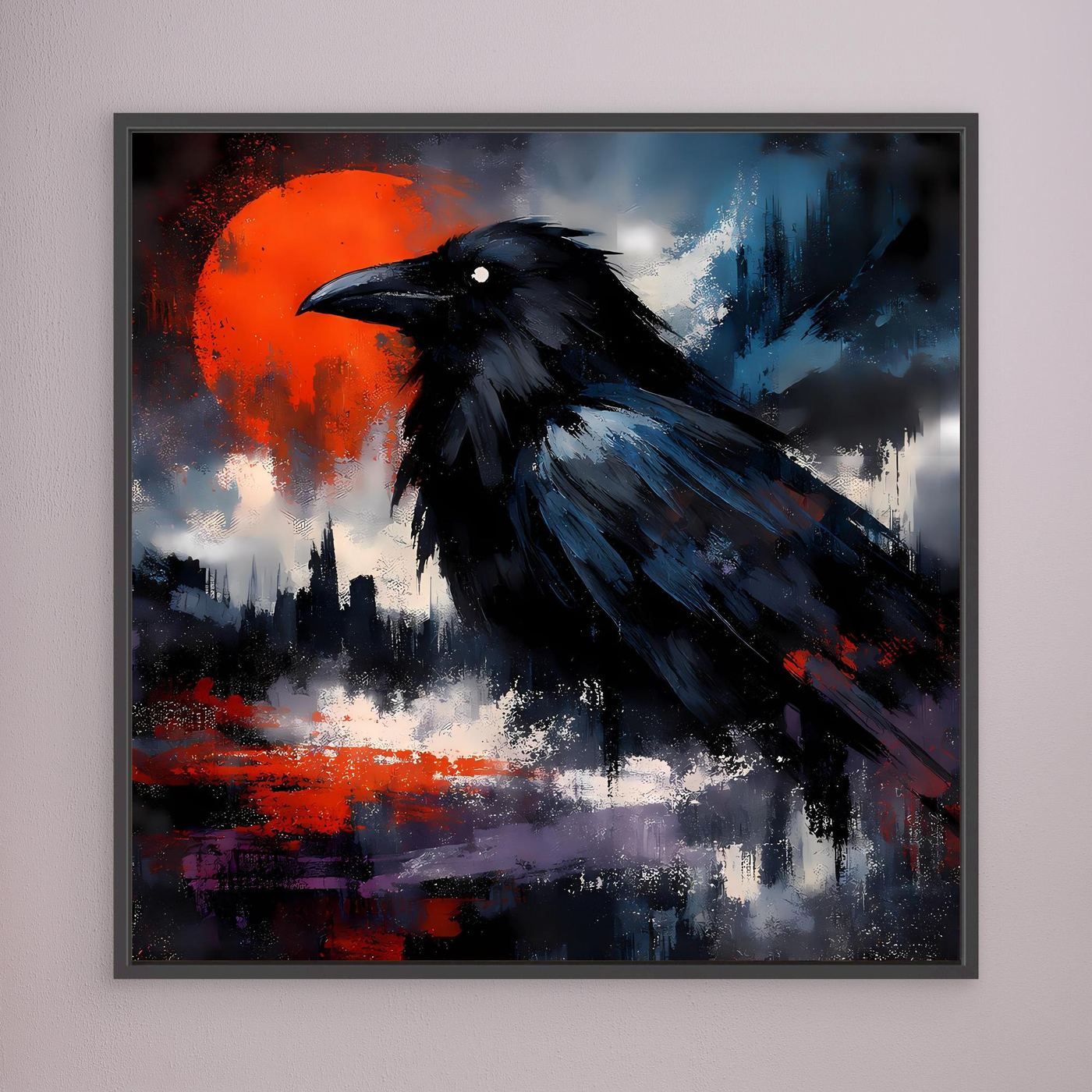 Leinwand-Wandbild mit schwarzem Raben, rotem Vollmond und Farb-Spritzern, dunkel gerahmt