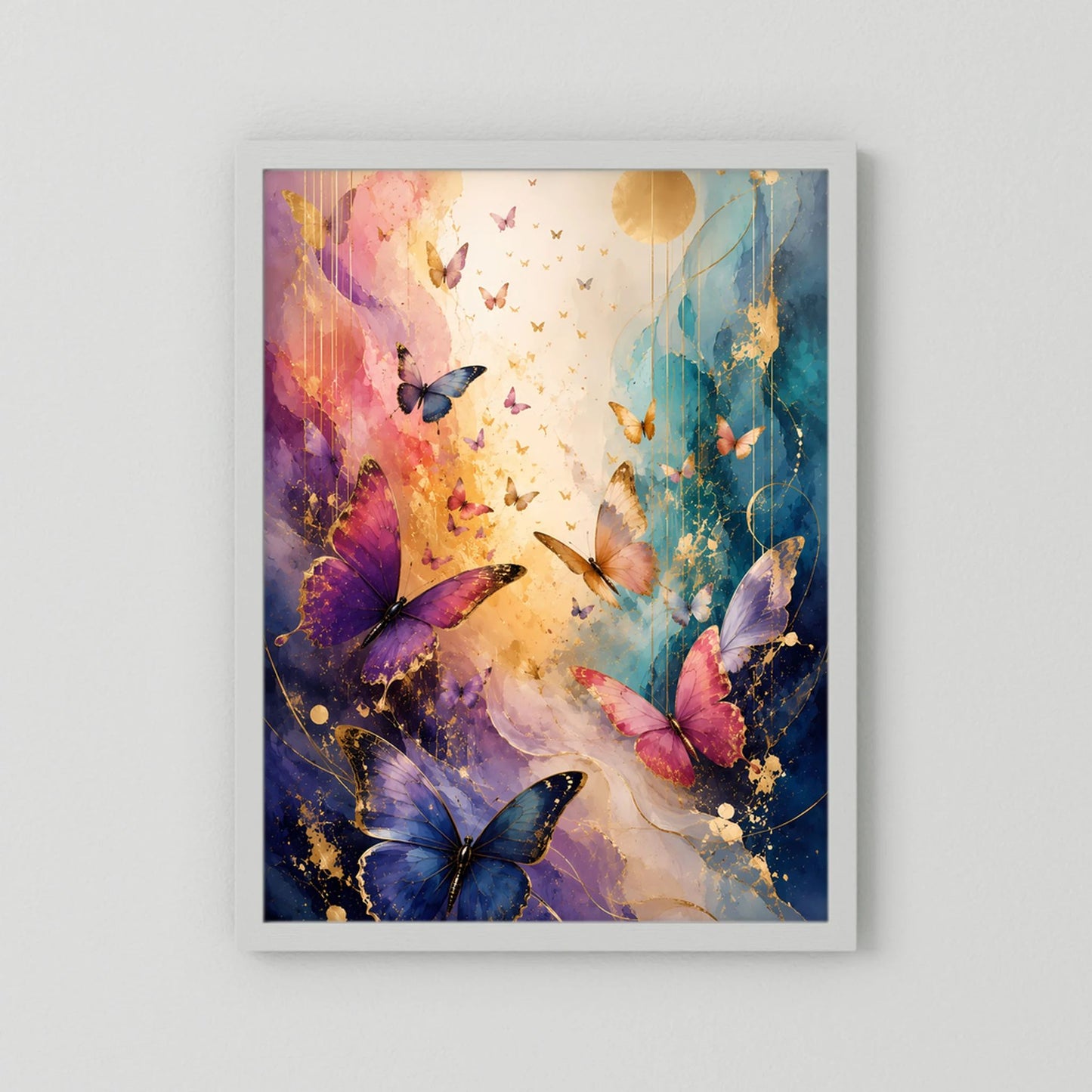 Hochformatiges Poster mit Schmetterlingen in Blau, Rosa und Violett, weißer Rahmen
